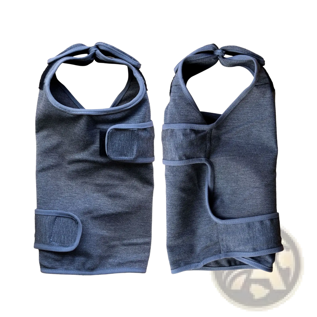Blue denim-style dog anxiety jacket with adjustable straps and two front pockets for breathability and comfort