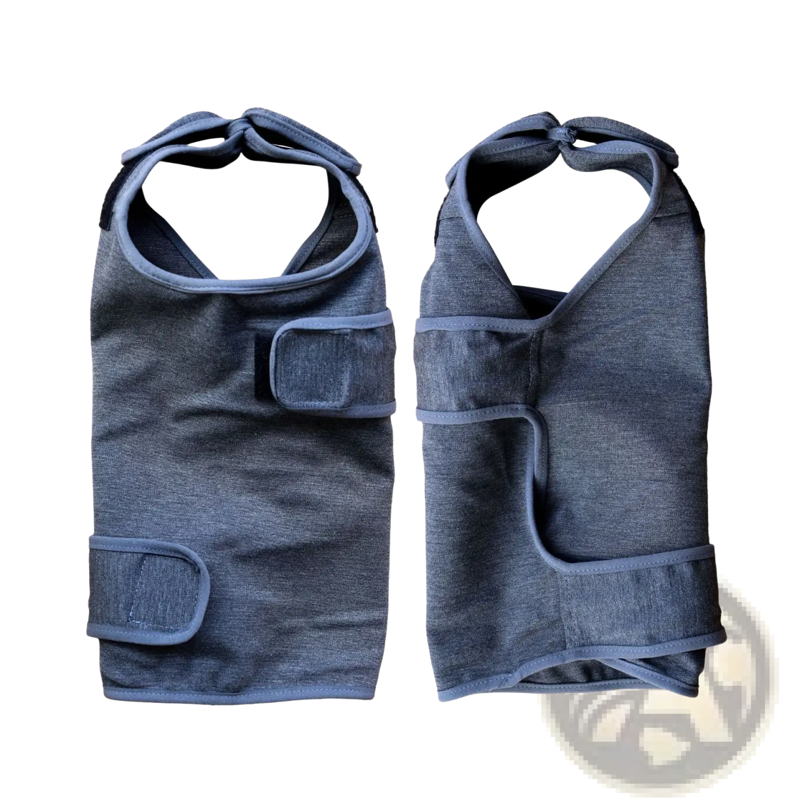 Blue denim-style dog anxiety jacket with adjustable straps and two front pockets for breathability and comfort