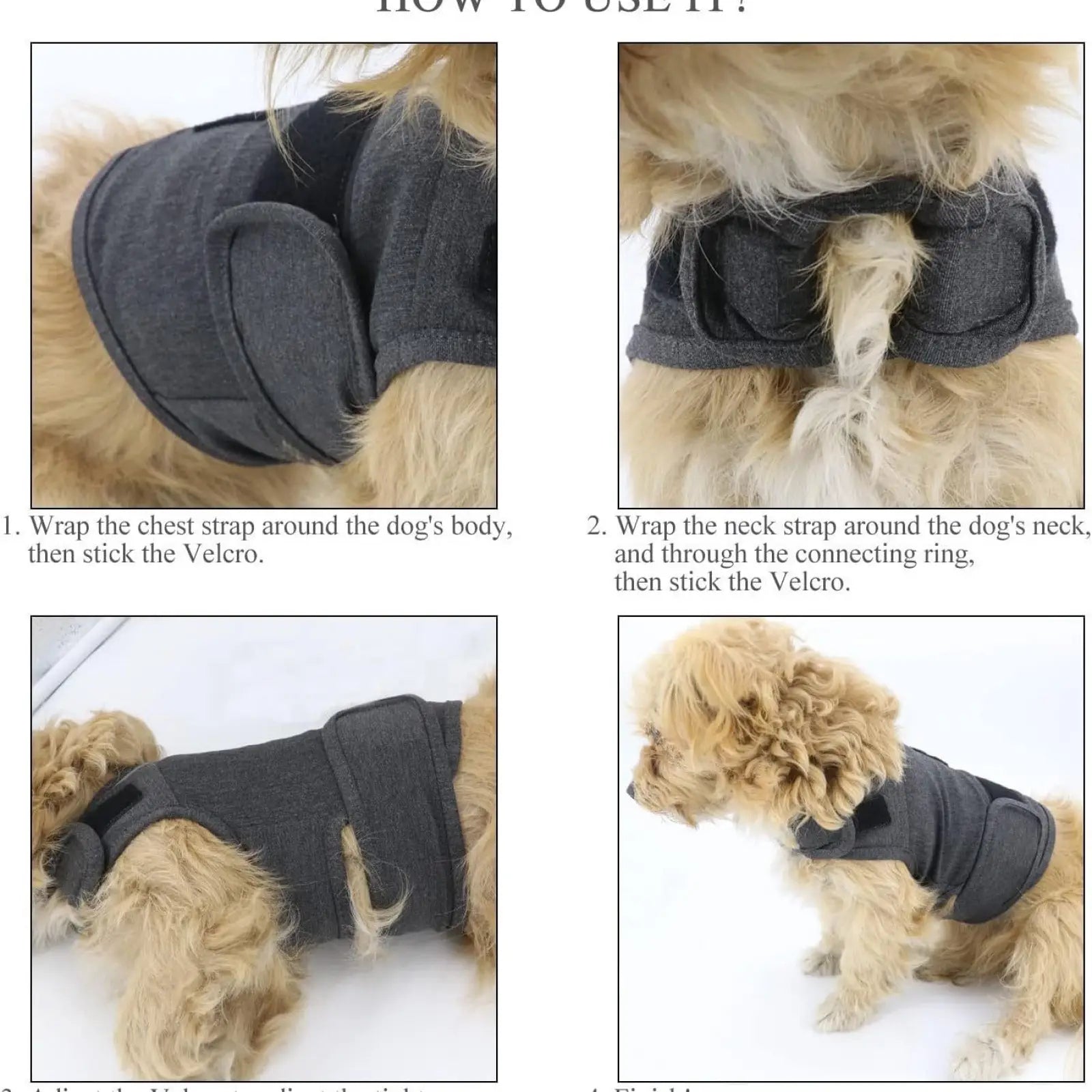Dark gray fabric dog anxiety jacket and breathable thunder vest with adjustable straps and velcro closures