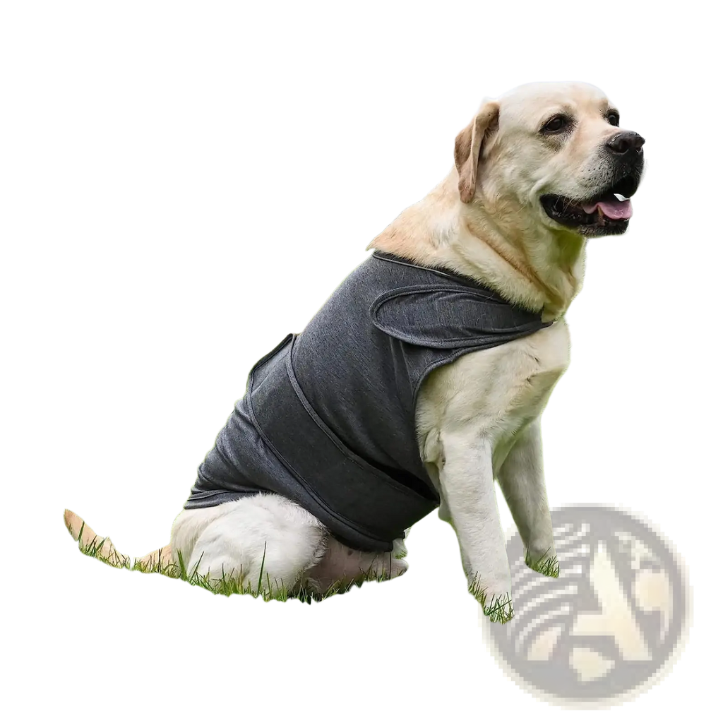 Gray fabric dog anxiety jacket with adjustable straps and padded back panel shown from the back side