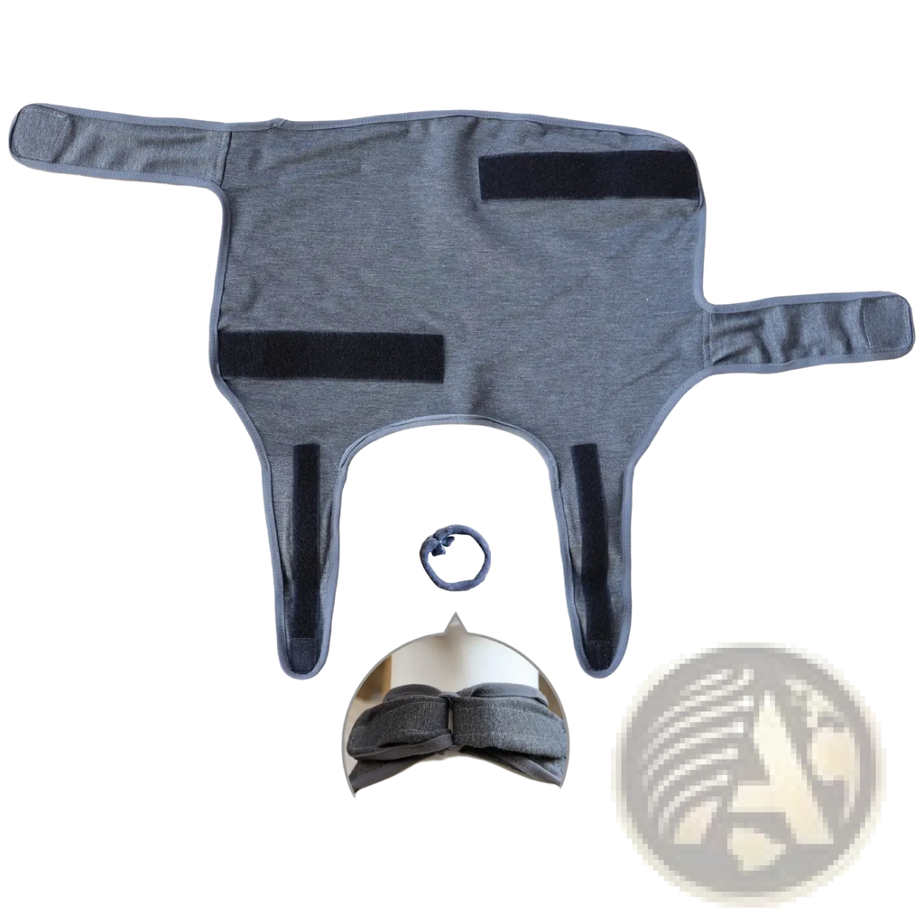 Gray fabric dog anxiety jacket with breathable neck support and black velcro straps with adjustable headband