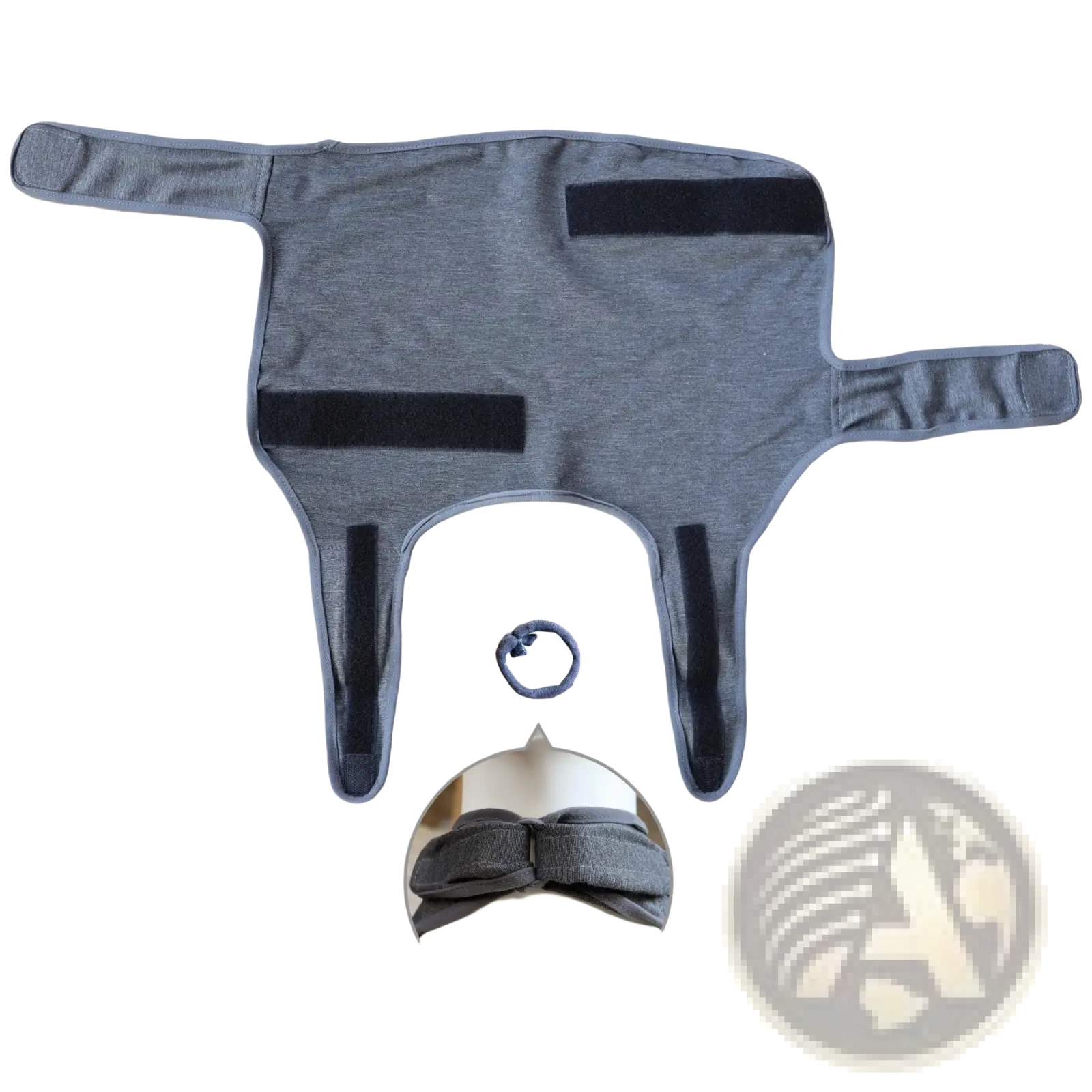 Gray fabric dog anxiety jacket with breathable neck support and black velcro straps with adjustable headband