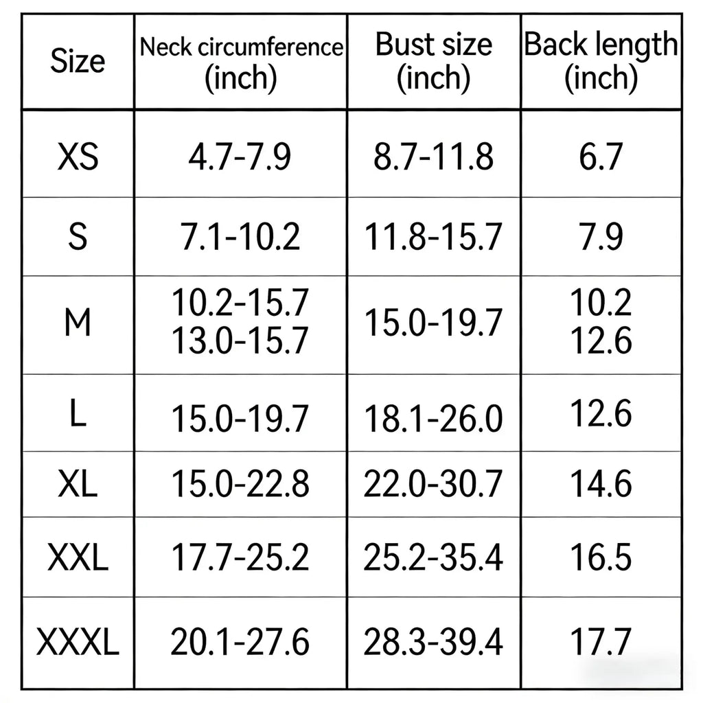 Size chart for dog anxiety jacket and breathable thunder vest showing measurements in inches from xs to xxxl