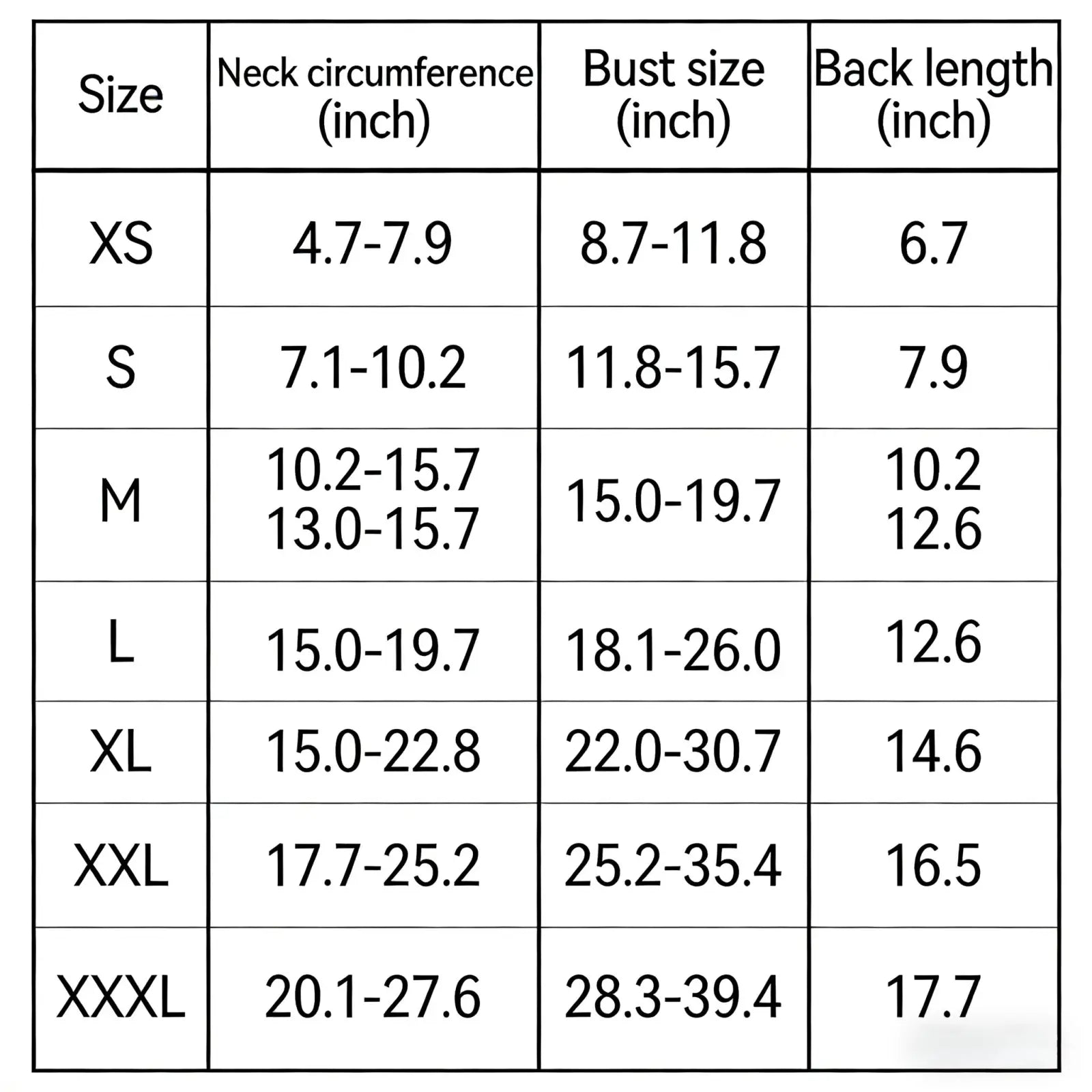 Size chart for dog anxiety jacket and breathable thunder vest showing measurements in inches from xs to xxxl