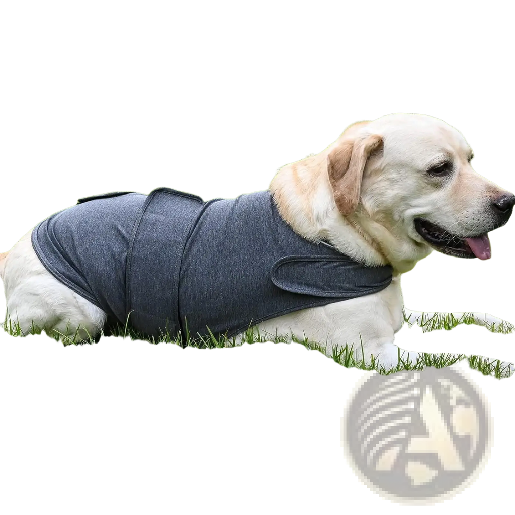 A soft dark gray breathable fabric dog anxiety jacket vest shown from the back side for thunderstorm calming