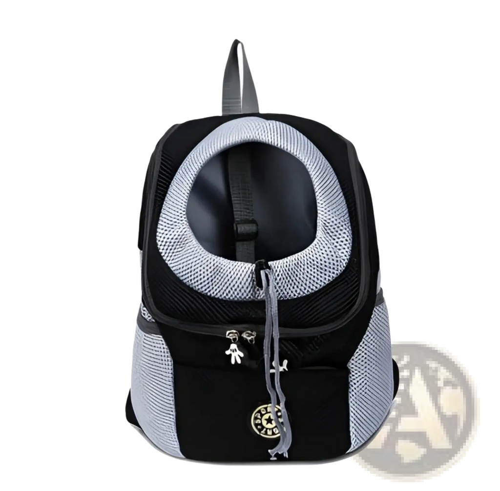 Black and gray mesh dog backpack pet carrier with adjustable straps and front zipper pocket for breathable travel use