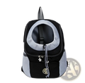 Black and gray mesh dog backpack pet carrier with adjustable straps and front zipper pocket for breathable travel use