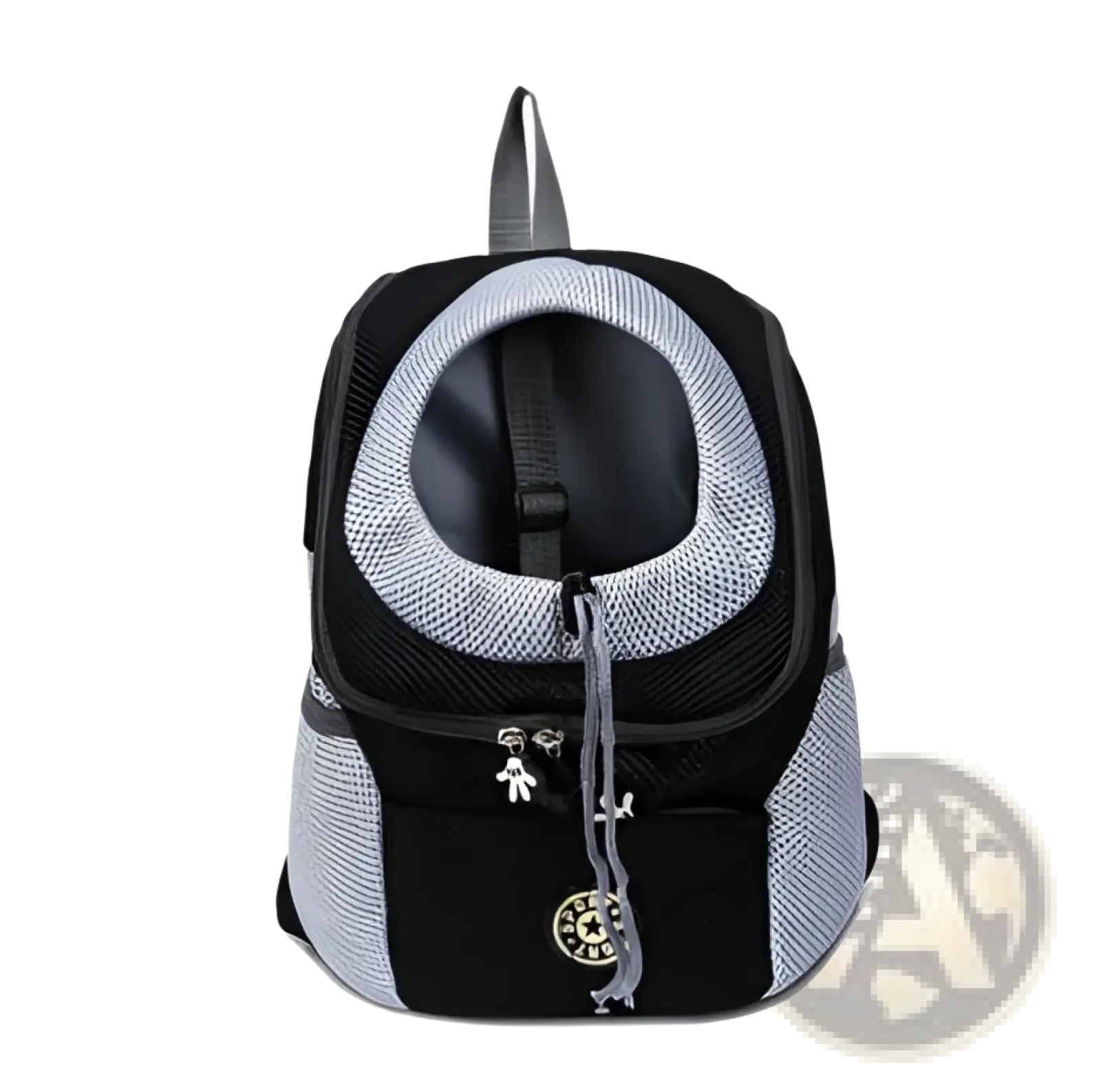 Black and gray mesh dog backpack pet carrier with adjustable straps and front zipper pocket for breathable travel use