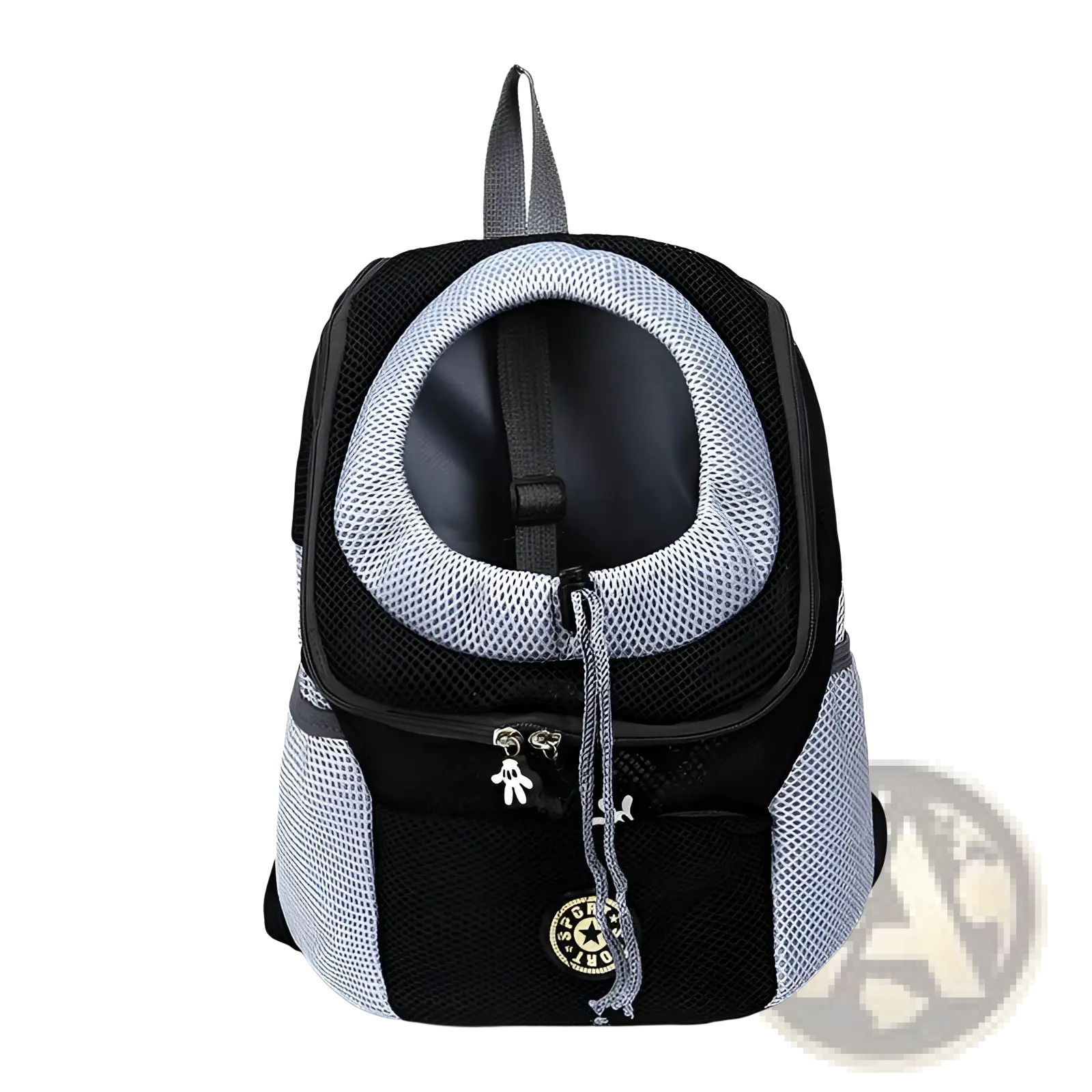 Black and gray breathable mesh dog backpack pet carrier with circular head opening and cartoon mouse zipper pulls