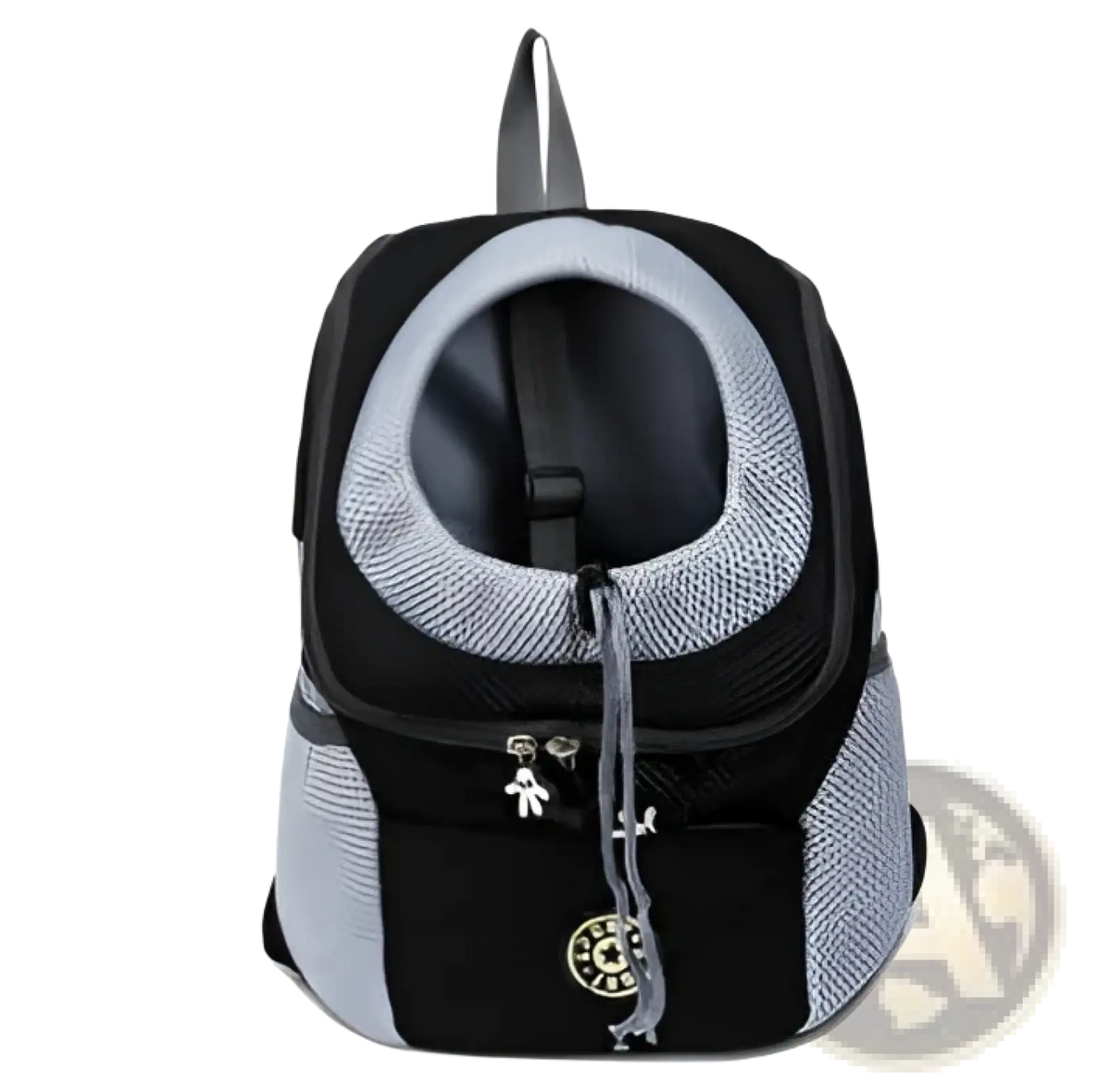 Black and gray mesh dog backpack breathable mesh pet carrier with front zipper pocket and silver charm for travel
