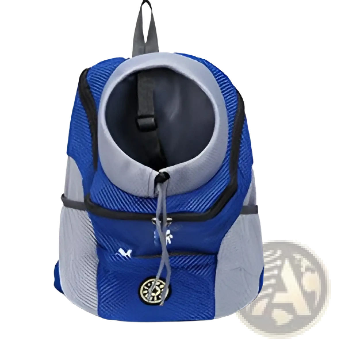 Blue and gray breathable mesh dog backpack pet carrier with circular metal clasp for travel and outdoor use