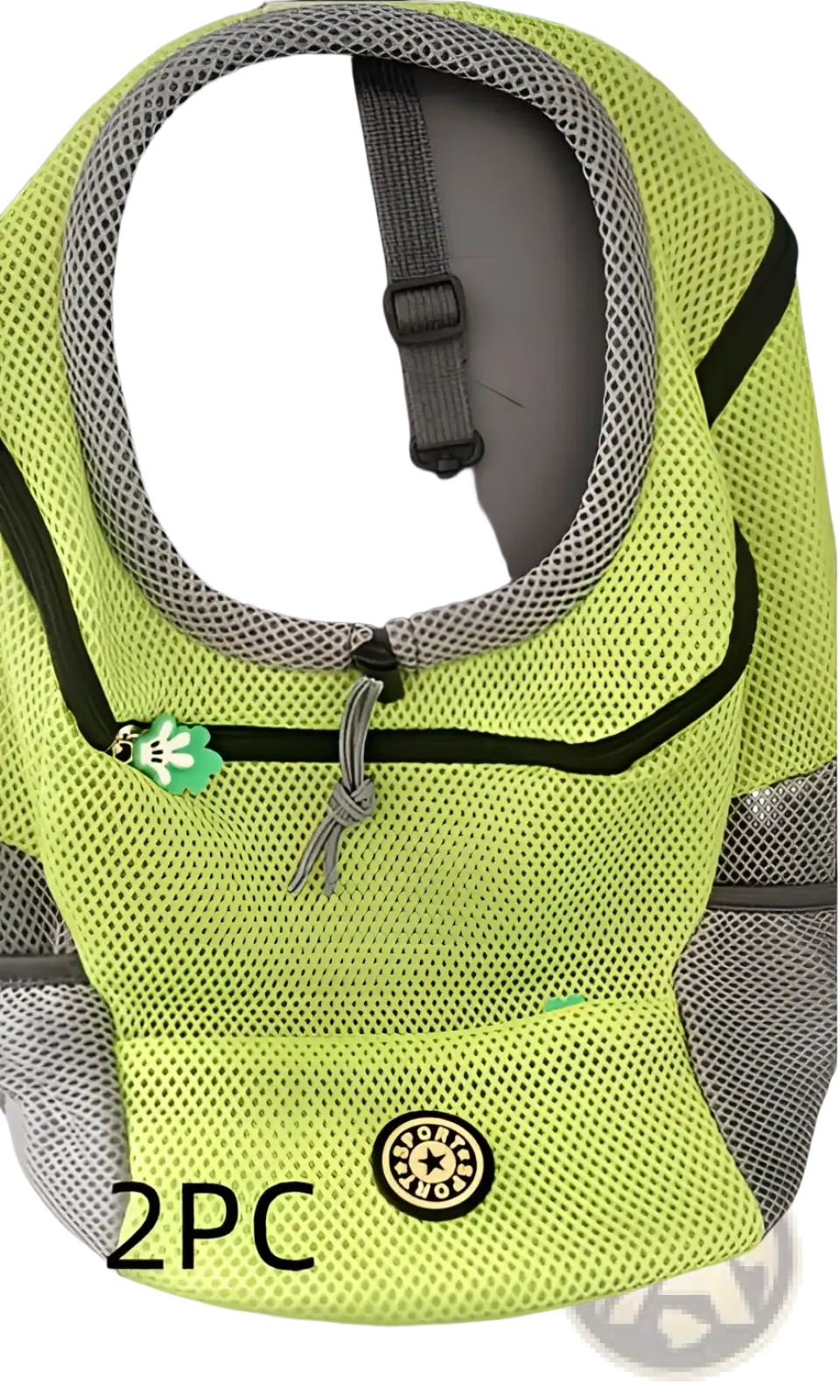 Bright neon green breathable mesh dog backpack pet carrier with gray black accents and circular logo patch for travel