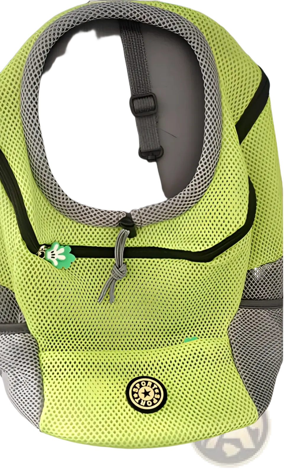 Bright neon green breathable mesh dog backpack with gray accents and a black zipper pull with green flower charm