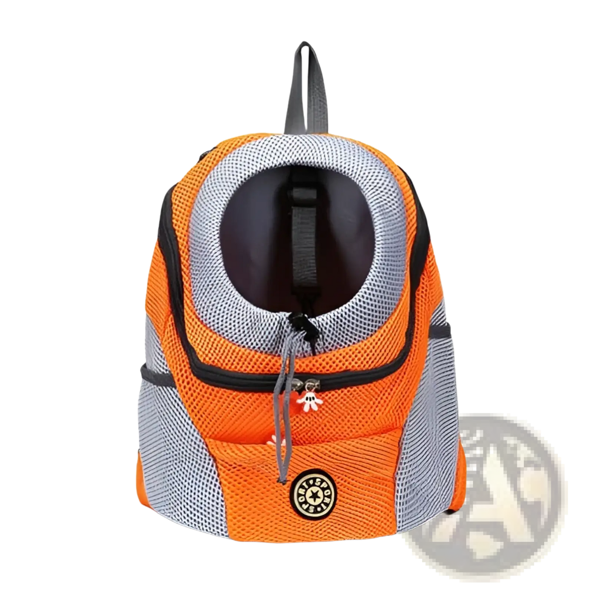 Orange and gray mesh dog backpack breathable mesh pet carrier travel bag with black trim and decorative zipper charm