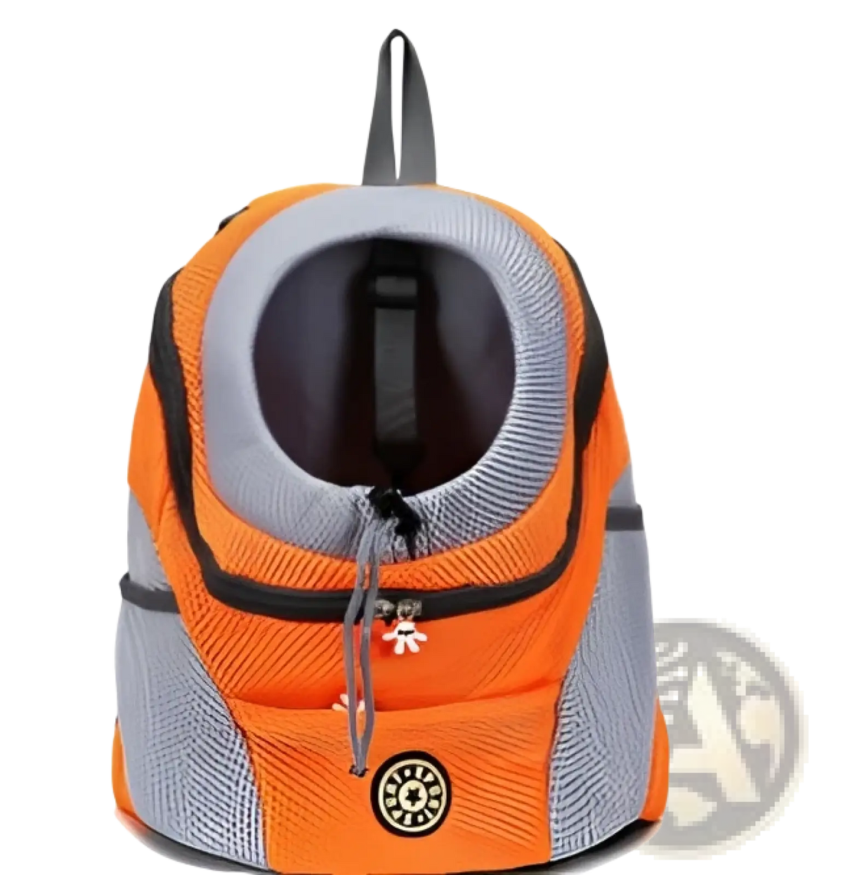 Orange and gray breathable mesh dog backpack pet carrier with black trim and circular head opening for travel use