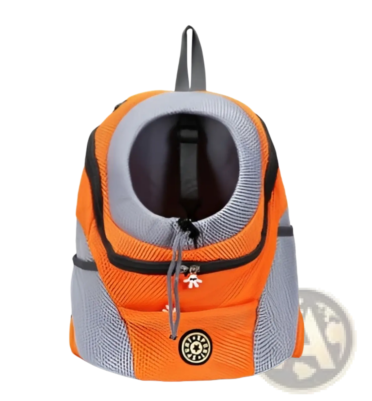 Orange and gray breathable mesh dog backpack pet carrier with black trim and circular front logo for travel use