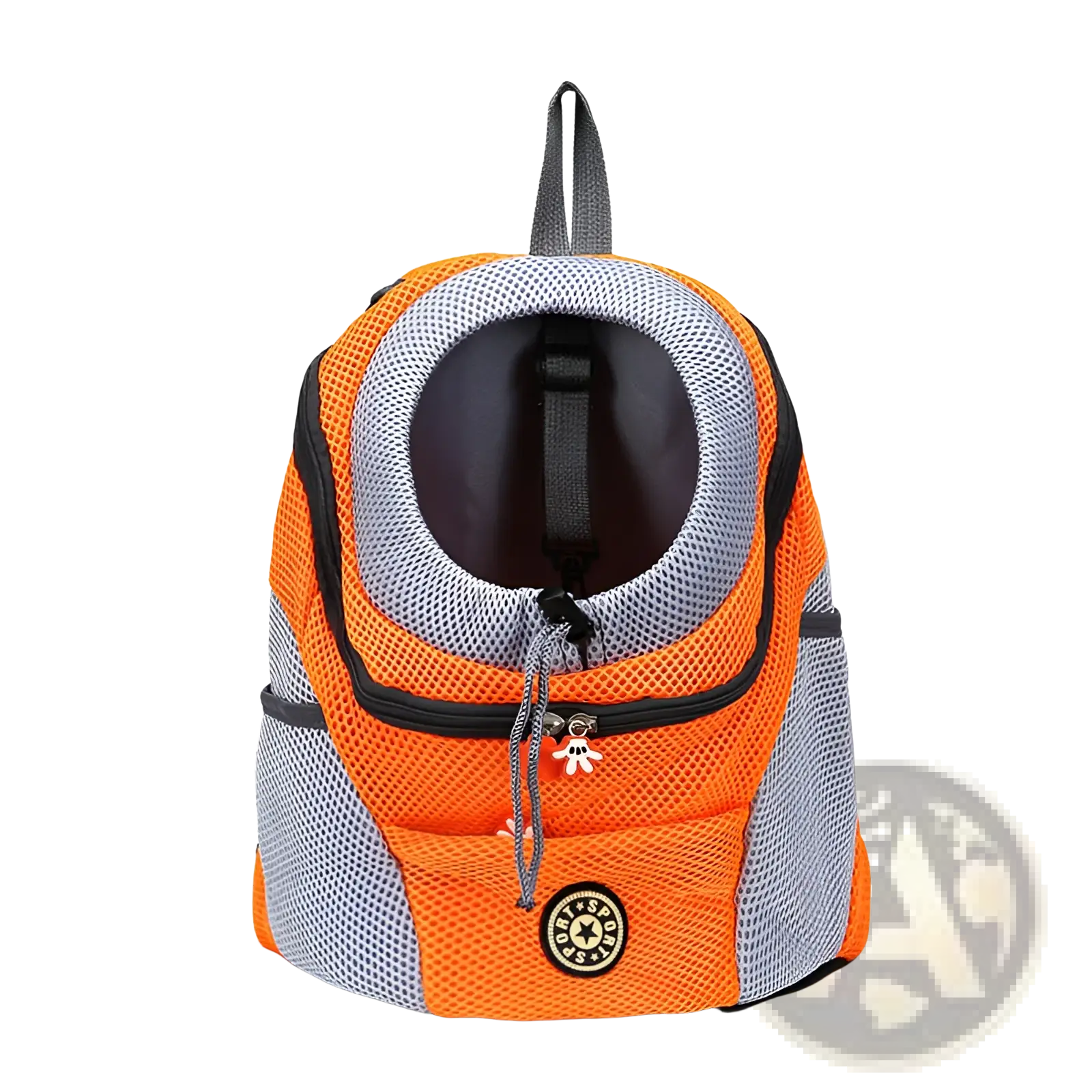 Bright orange and gray breathable mesh dog backpack pet carrier with black trim and circular head opening for travel use