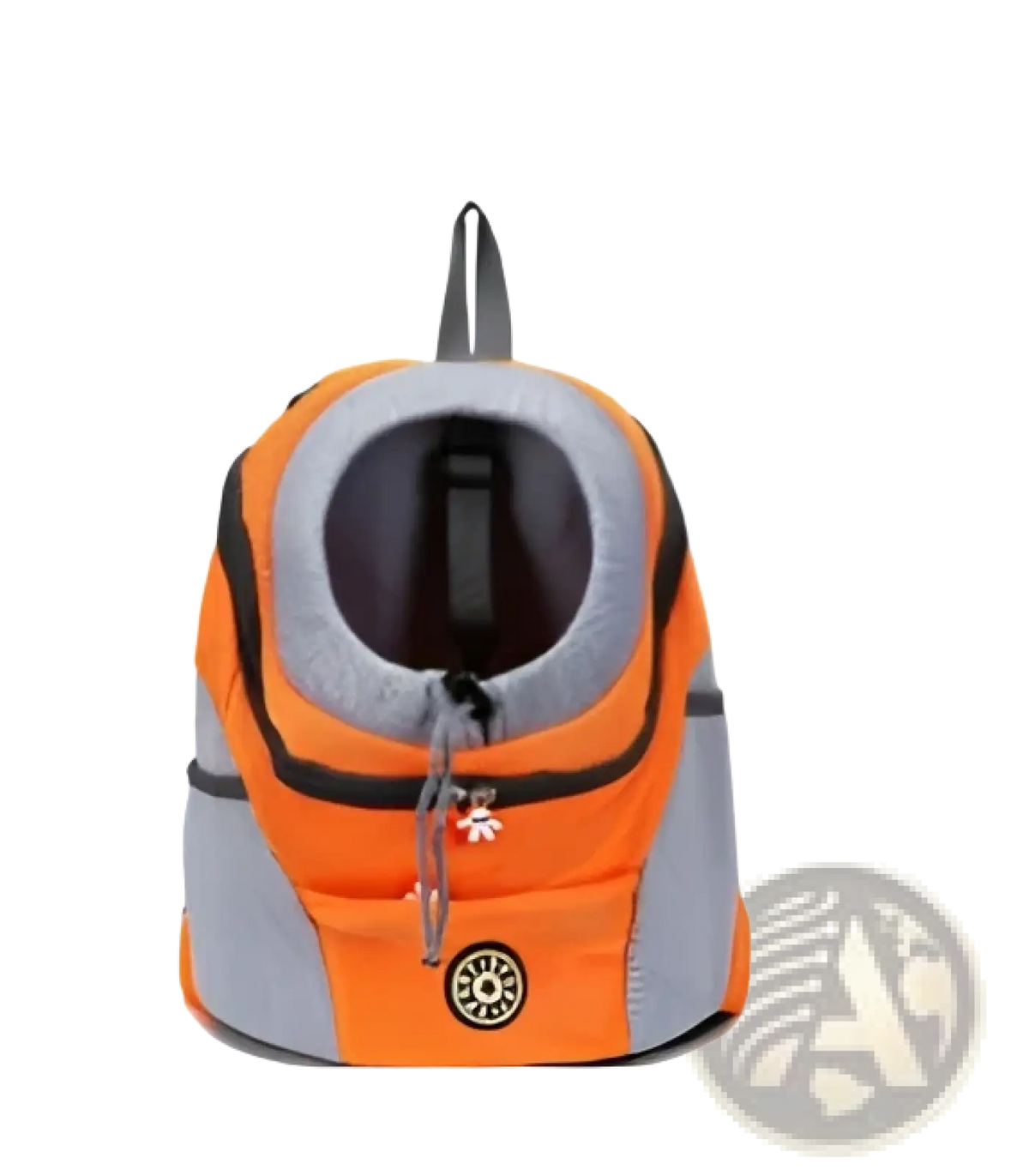 Orange and gray dog backpack breathable mesh pet carrier with black zippers and circular logo for travel use