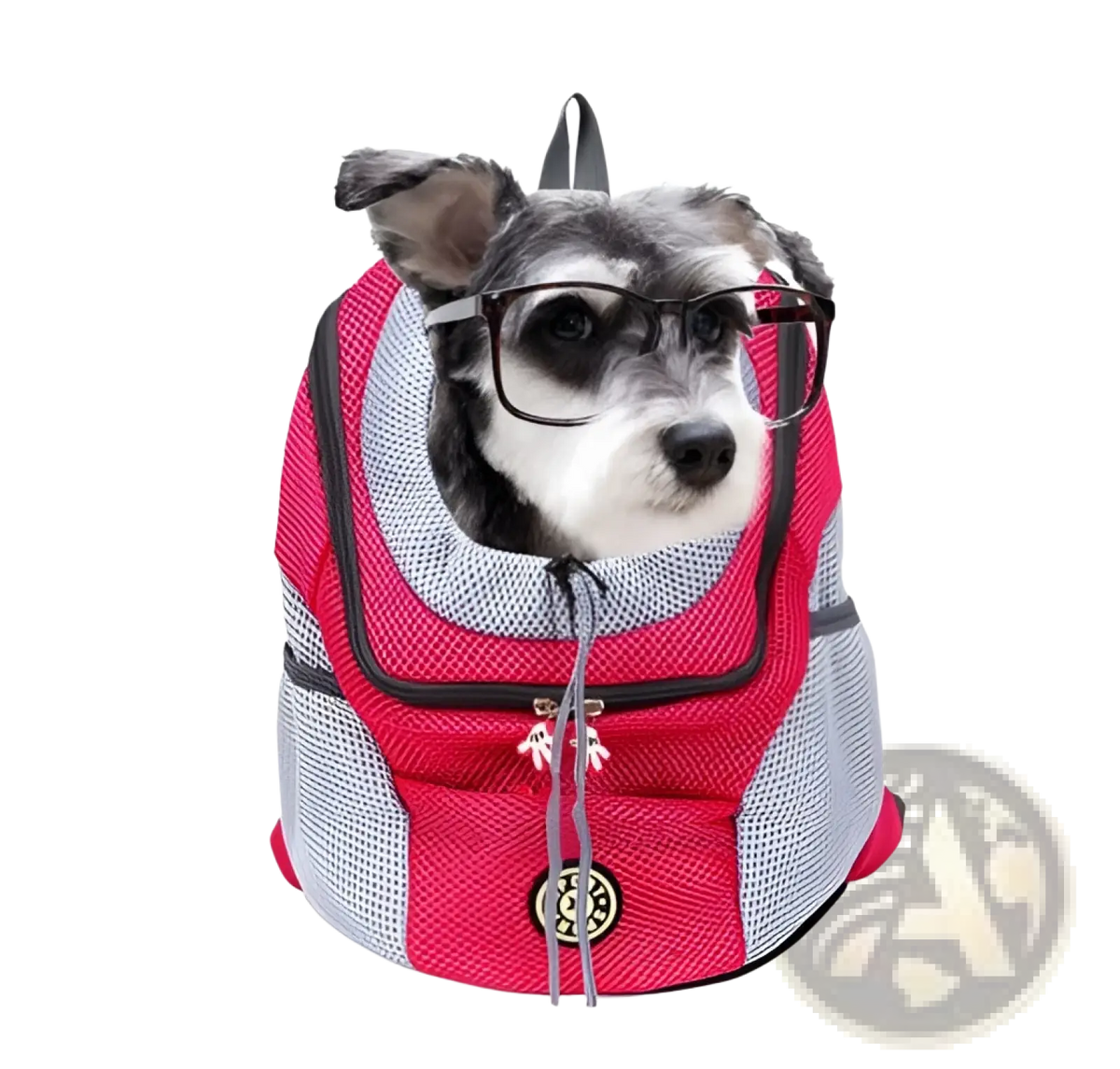 A pink and gray breathable mesh dog backpack pet carrier with front zipper pocket and adjustable straps for travel