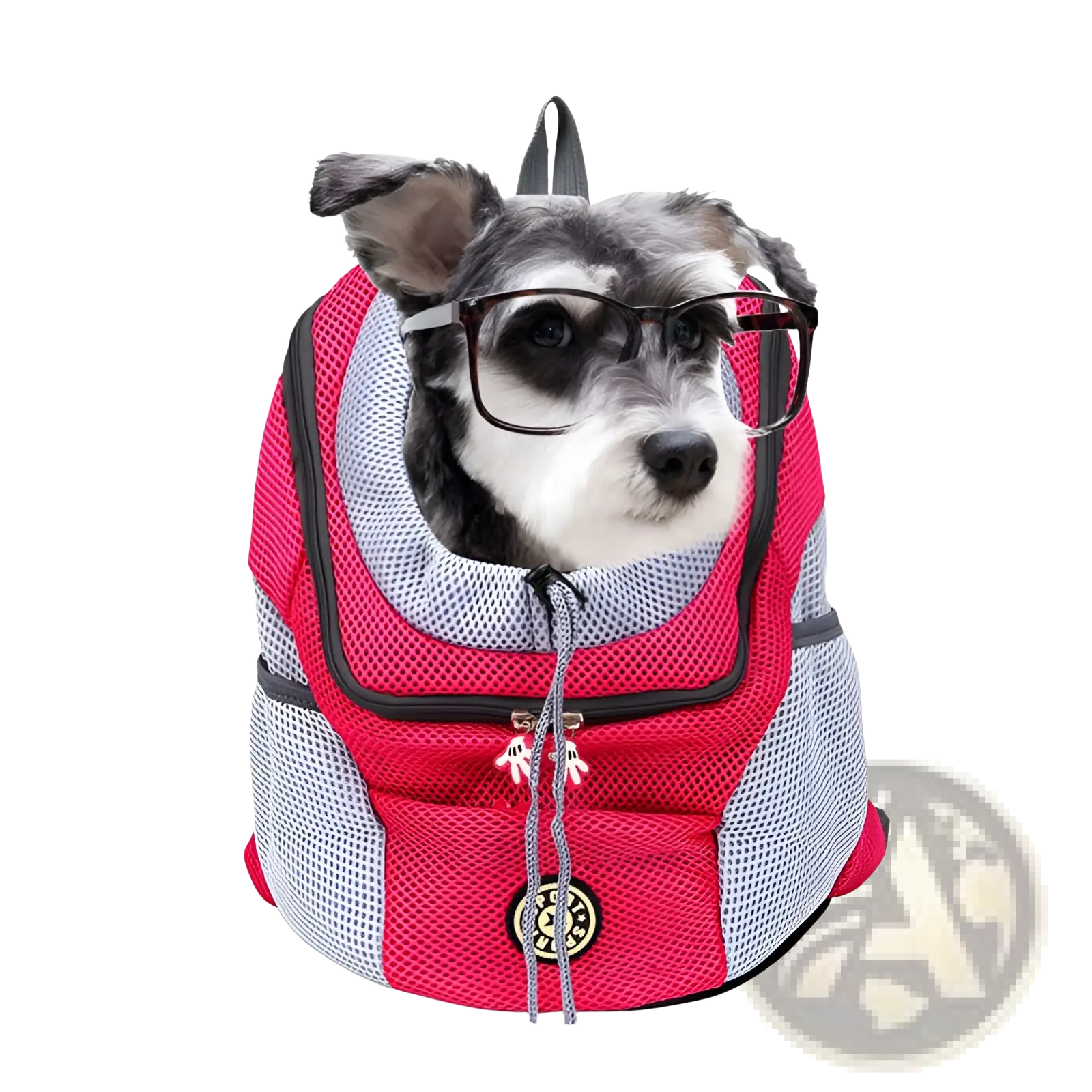 Dog backpack breathable mesh pet carrier in pink and gray with black zipper pull featuring white mickey mouse ears
