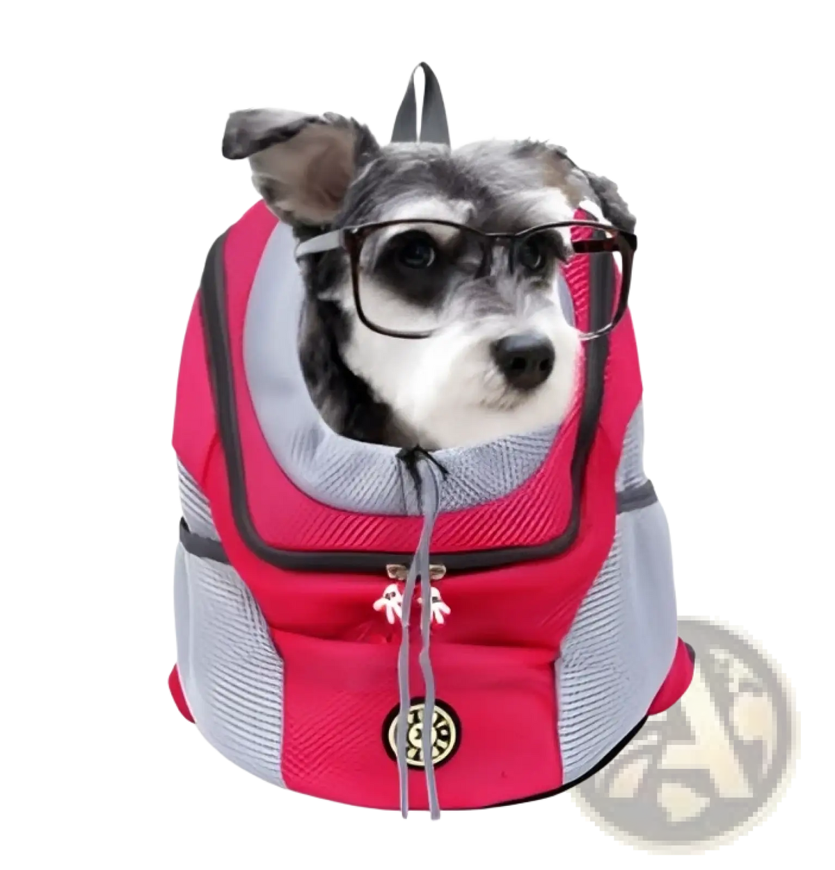 Dog backpack breathable mesh pet carrier in pink and gray with front zipper closure and black trim for travel use