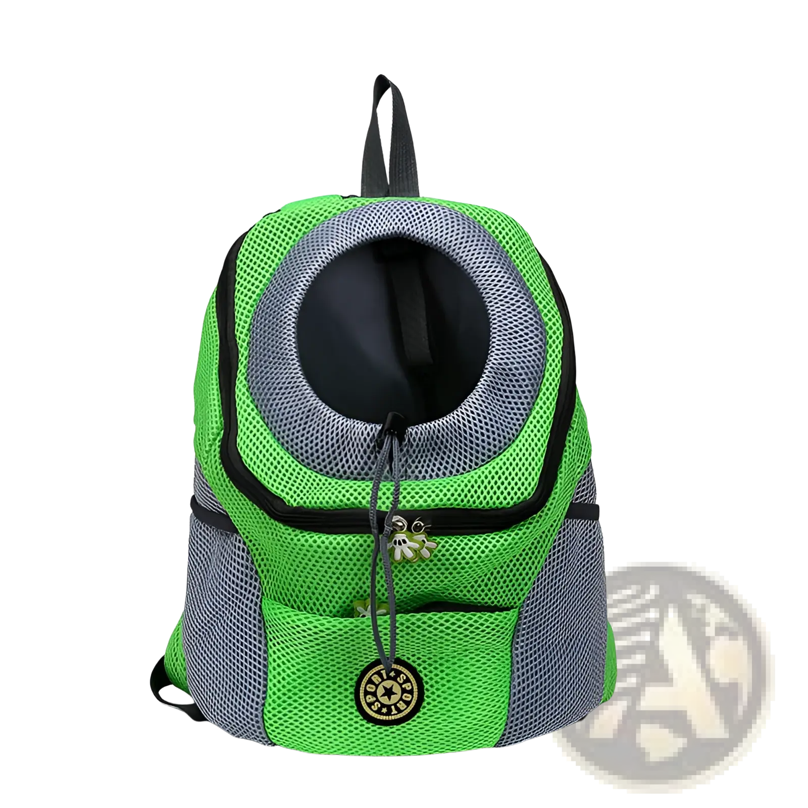 Bright green and gray breathable mesh dog backpack pet carrier with circular opening, black zippers, and bee charms