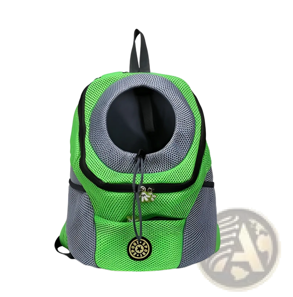 Bright green and gray breathable mesh dog backpack pet carrier with circular opening and black trim for travel use