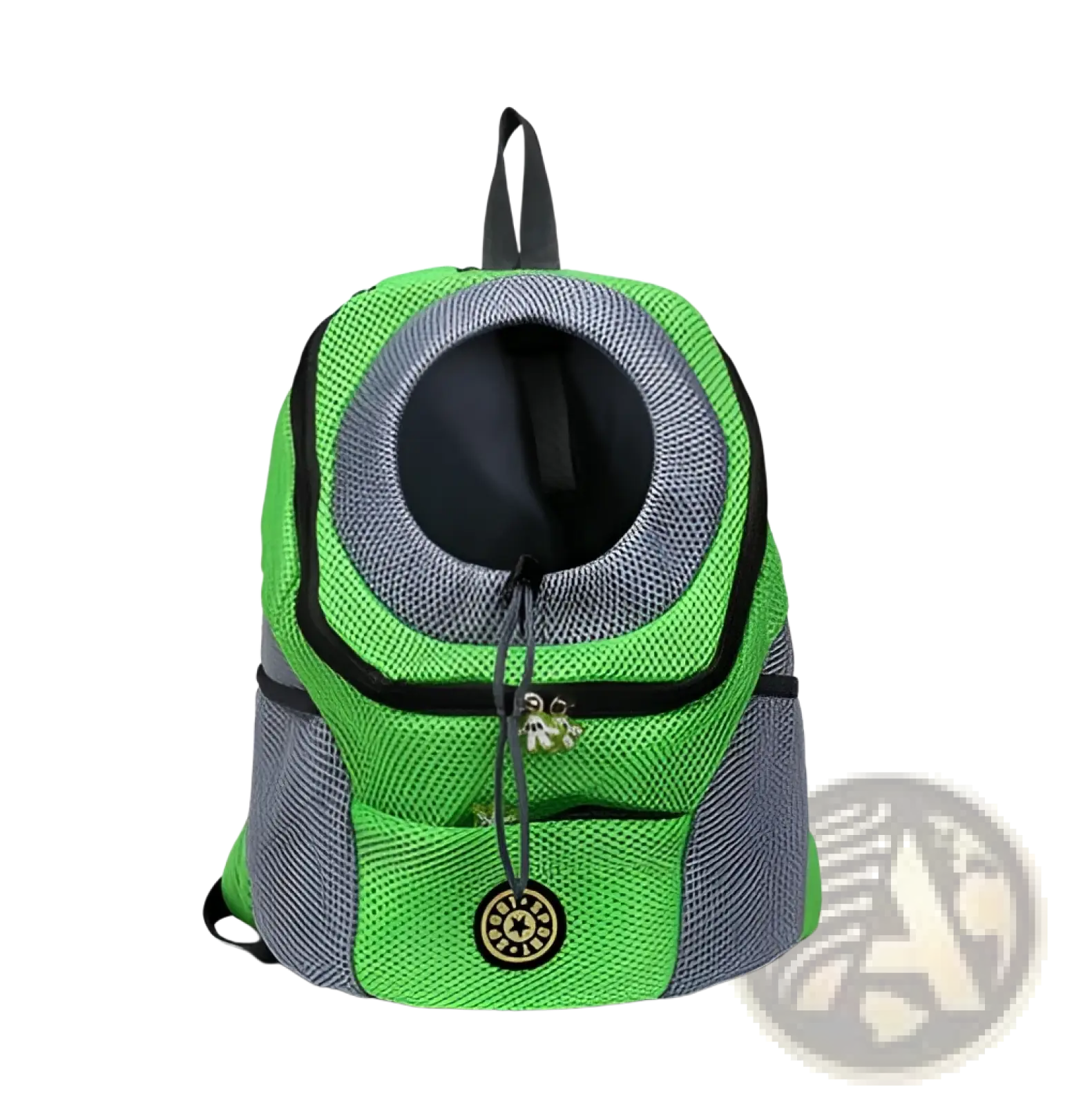 Bright green and gray breathable mesh dog backpack pet carrier with circular opening and black trim for travel use