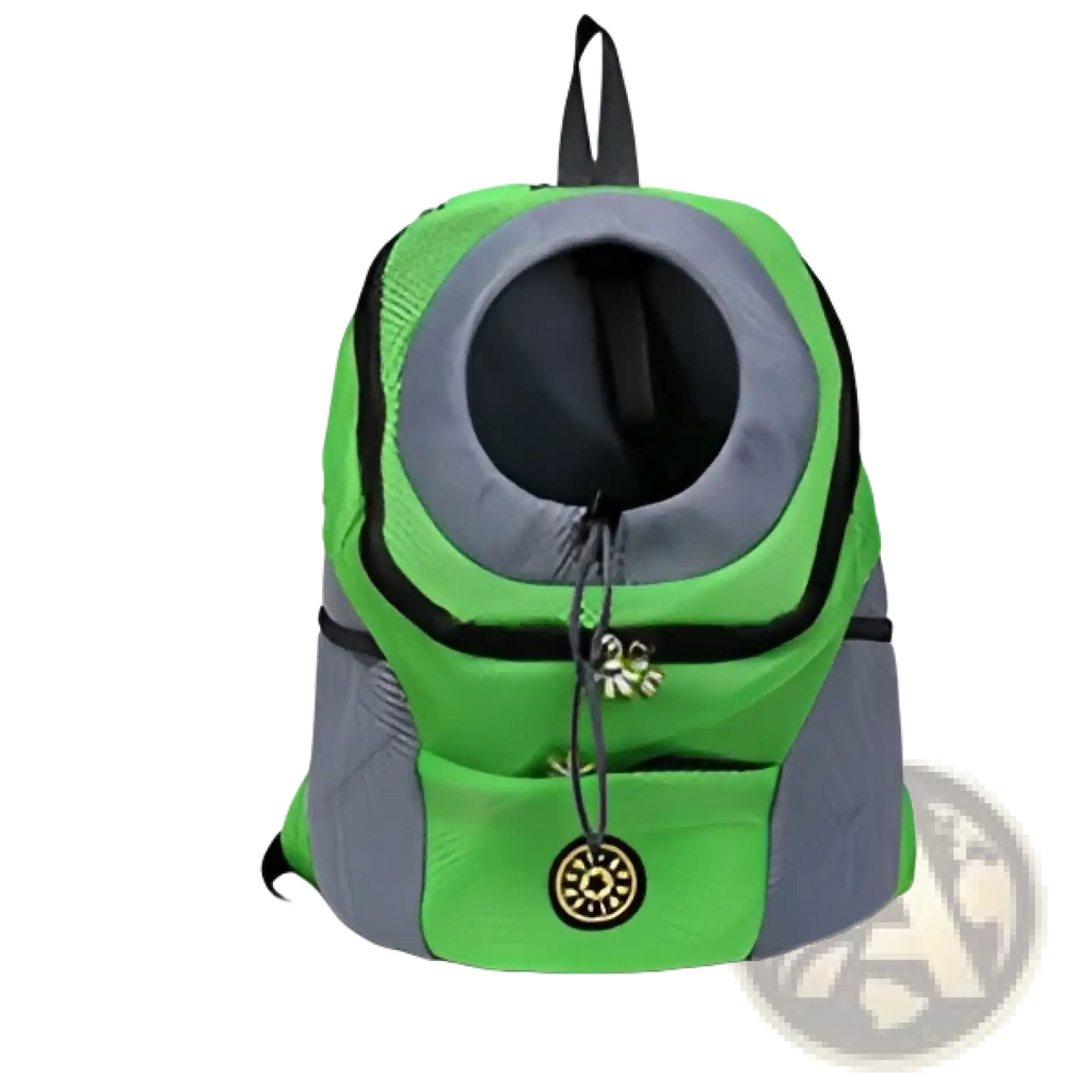 Green and gray breathable mesh dog backpack pet carrier with circular opening black straps and brass charm on front zipper