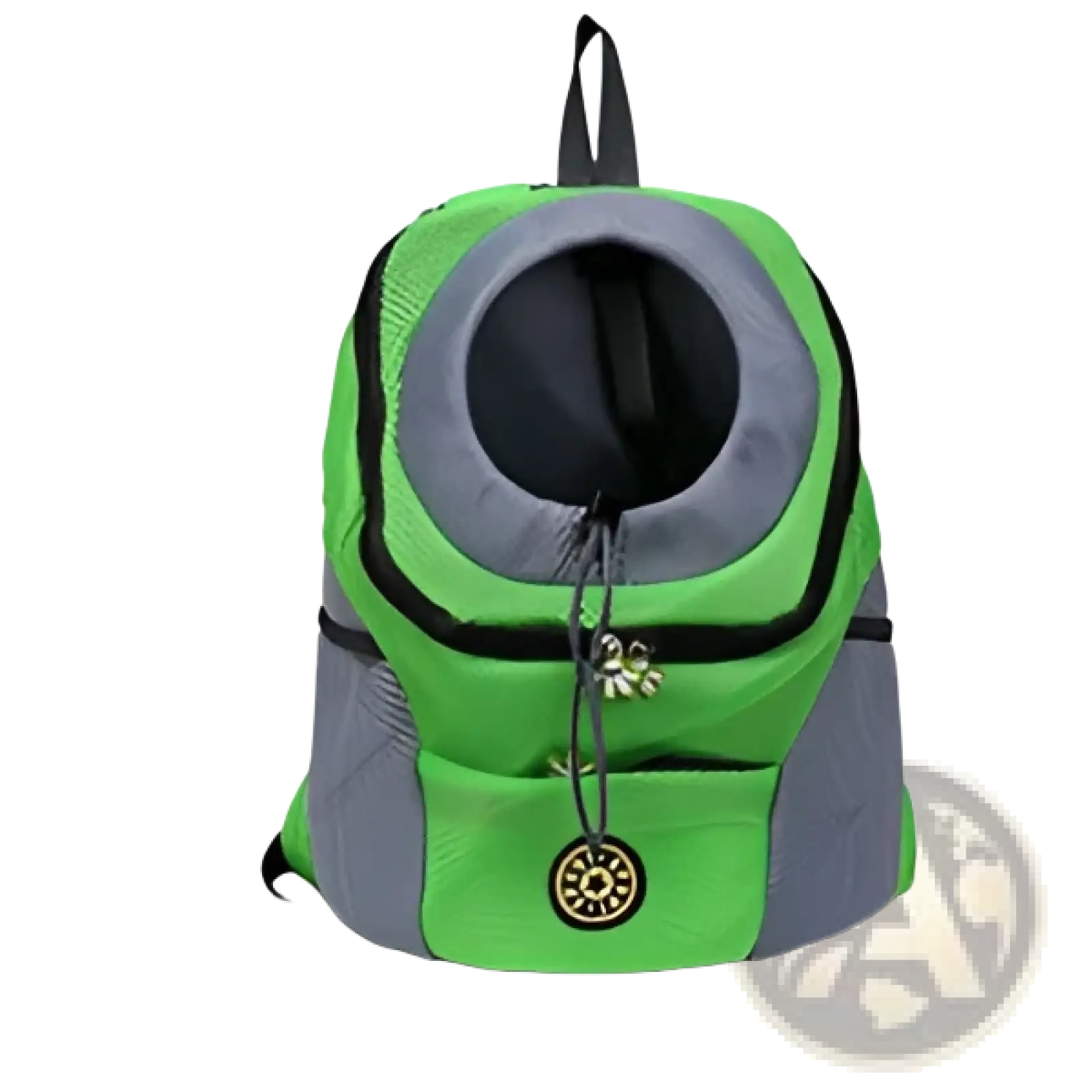 Green and gray breathable mesh dog backpack pet carrier with circular opening black straps and brass charm on front zipper