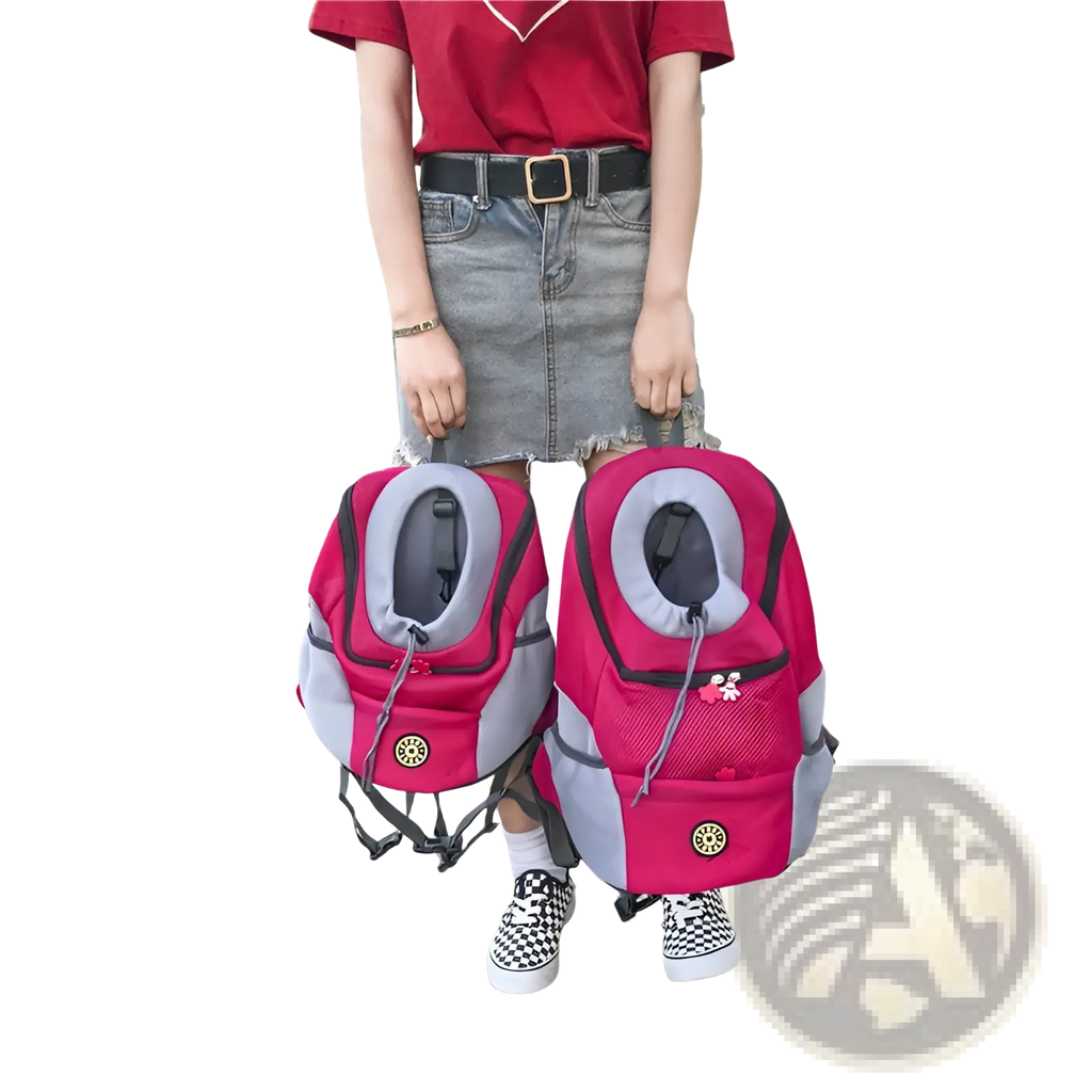 Pink and gray breathable mesh dog backpack pet carrier travel bags with black straps and circular logo patch front view