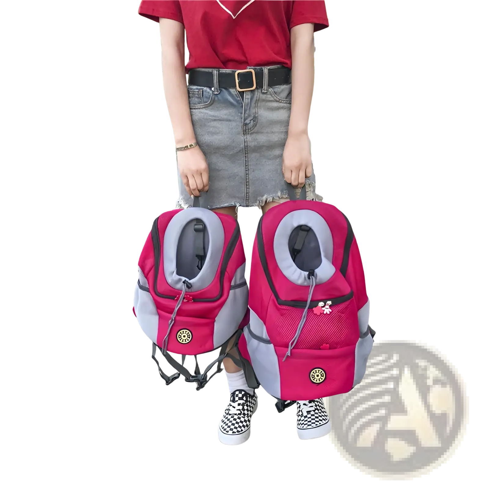 Pink and gray breathable mesh dog backpack pet carrier travel bags with black straps and circular logo patch front view