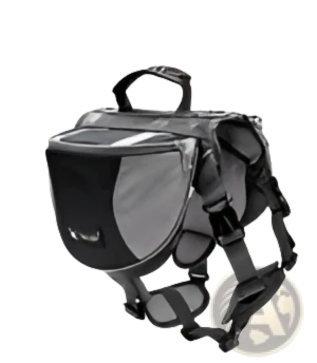 Black and gray dog backpack in oxford cloth with adjustable straps and front pocket for pet hiking use