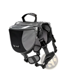 Black and gray dog backpack in oxford cloth with adjustable straps and front pocket for pet hiking use