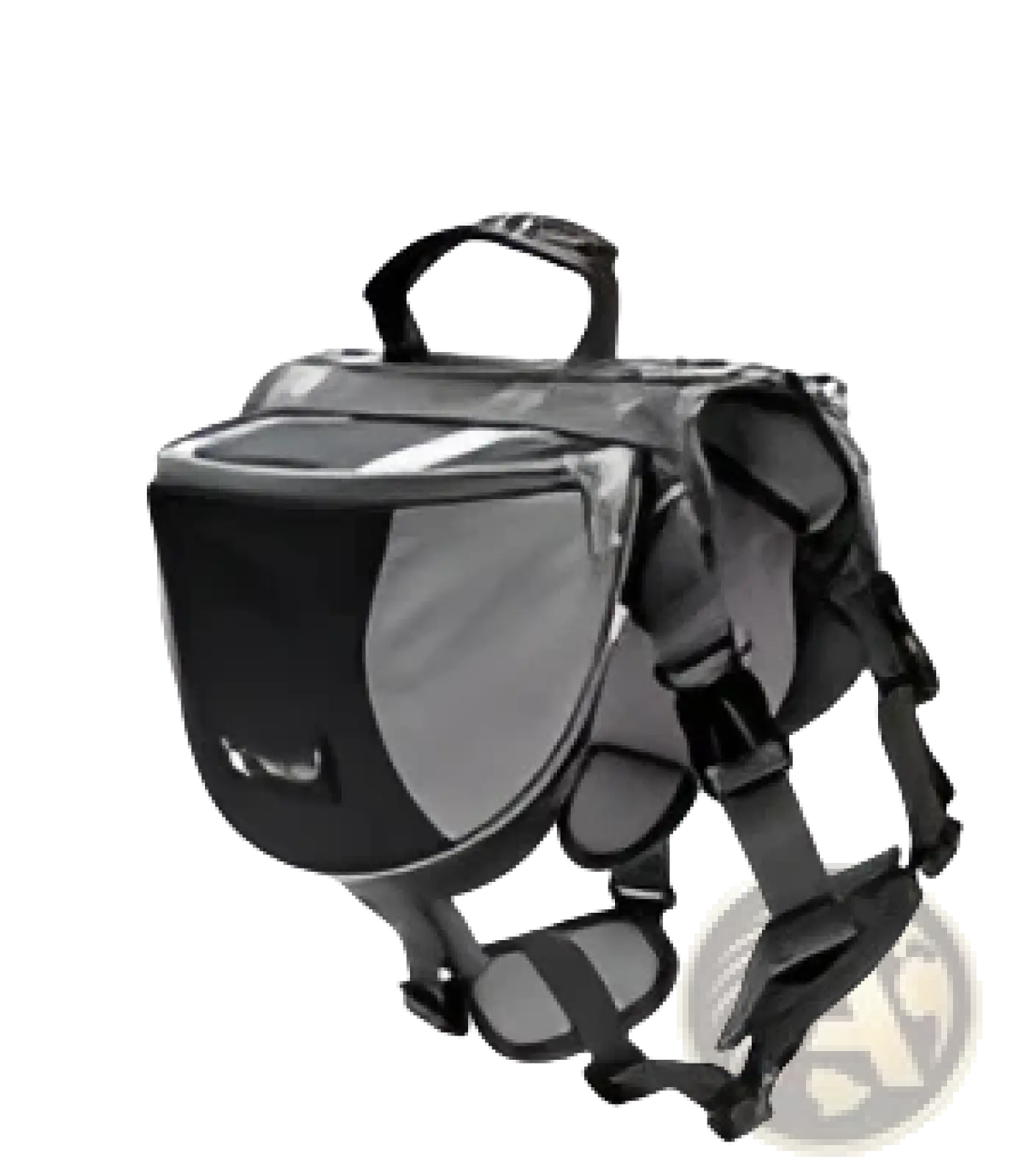 Black and gray dog backpack in oxford cloth with adjustable straps and front pocket for pet hiking use