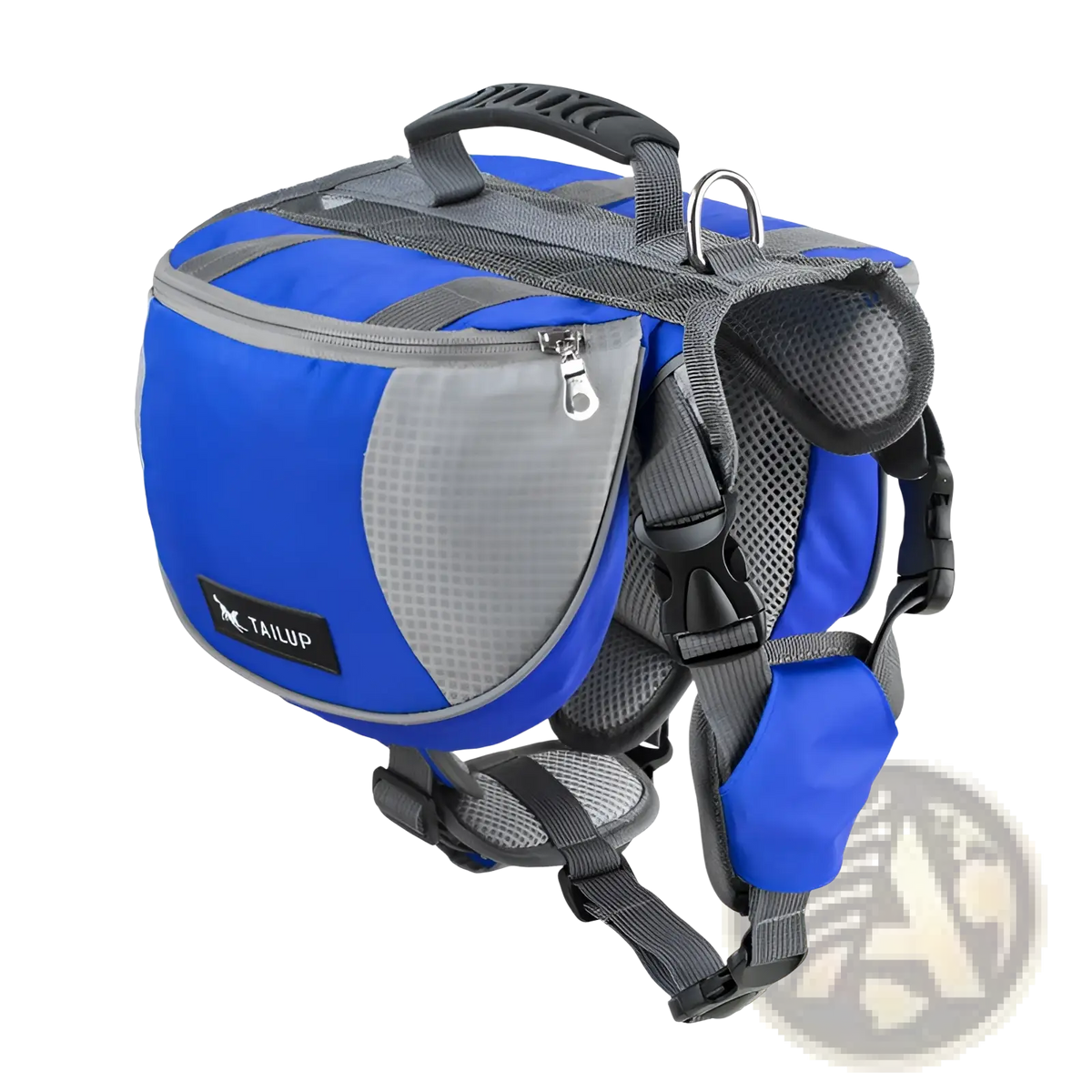 Blue and gray tailup dog backpack made of oxford cloth with mesh panels and adjustable straps for hiking