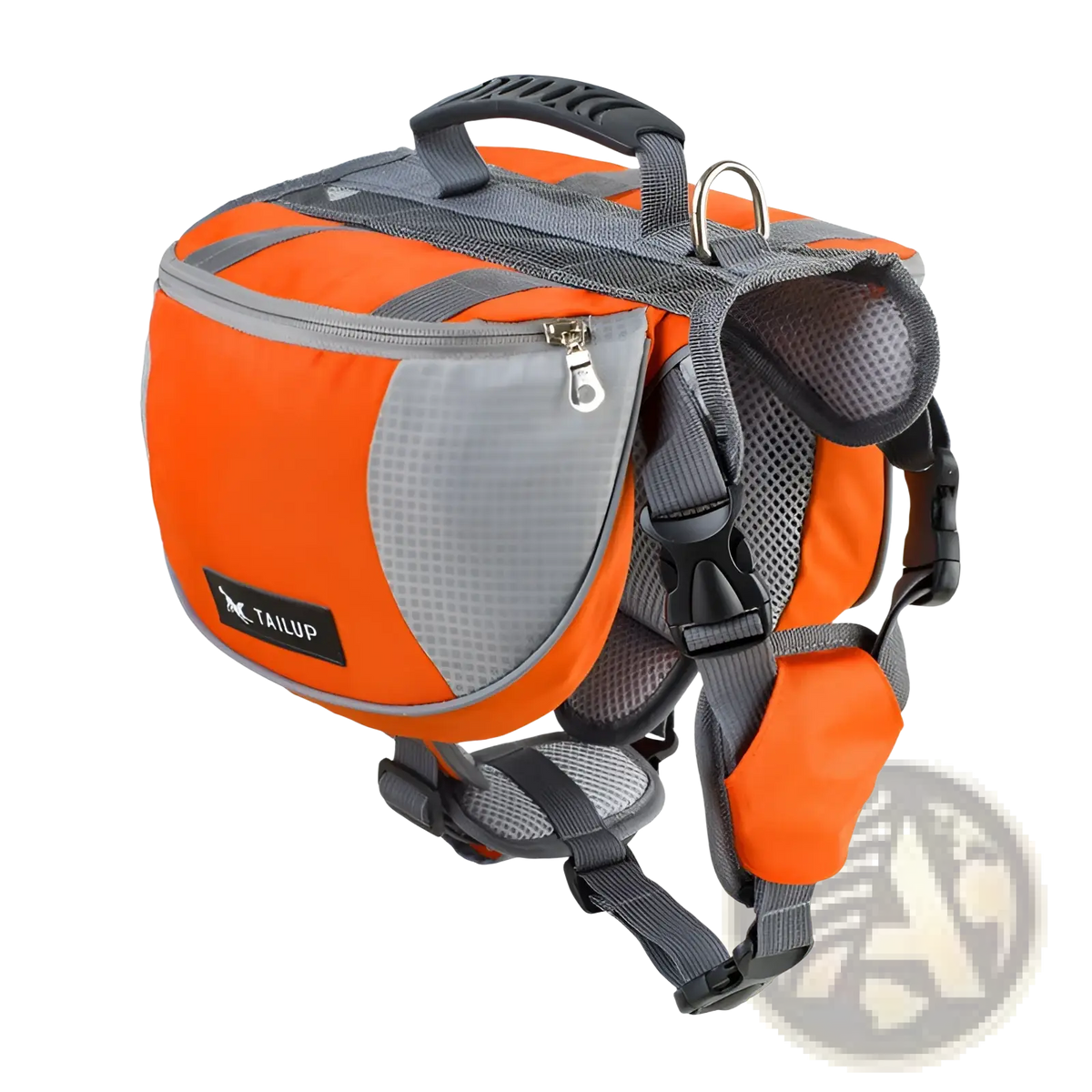 Orange and gray tailup dog backpack made of oxford cloth with mesh panels and adjustable straps for hiking use