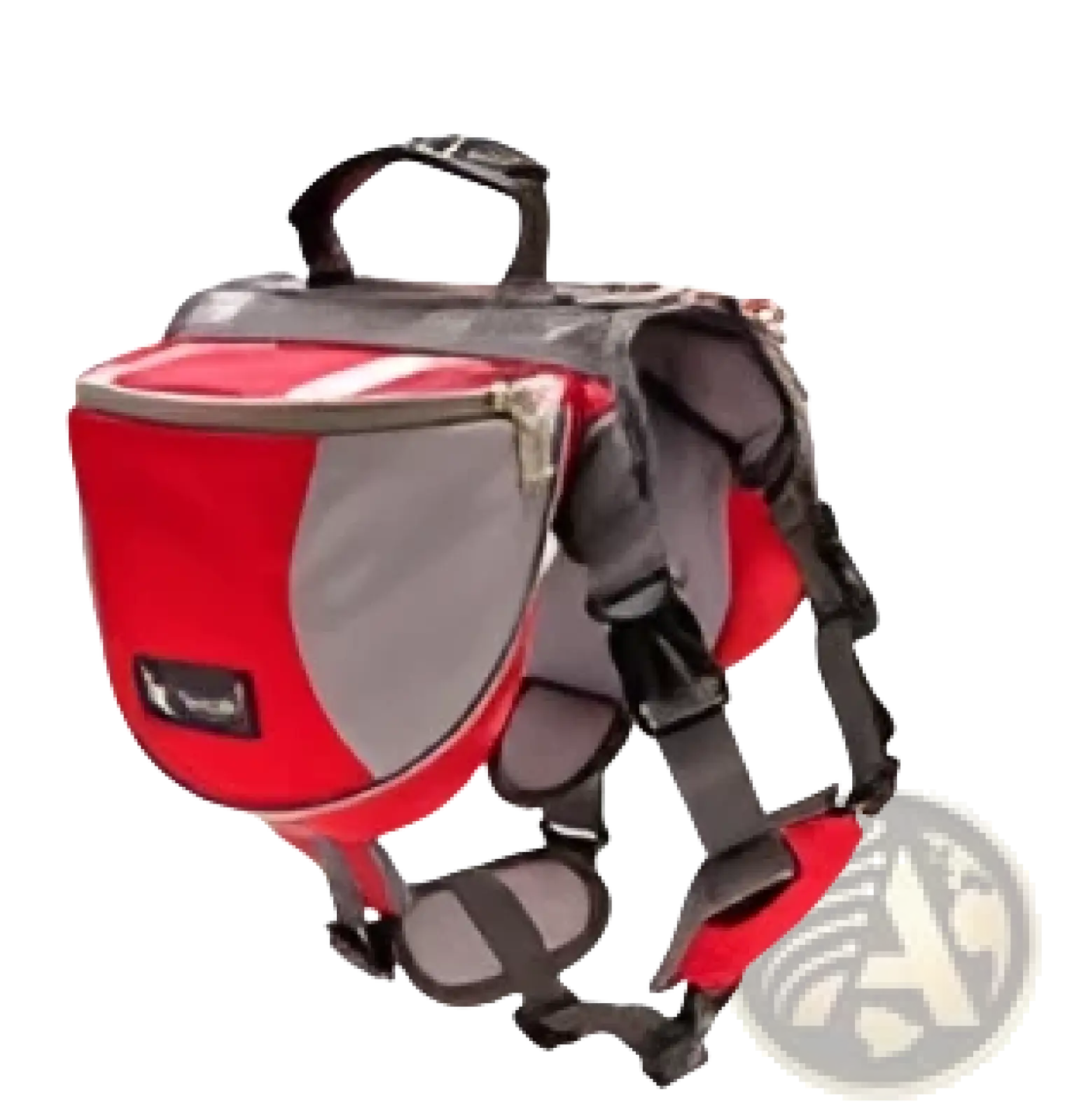 Red and gray dog backpack in oxford cloth with black straps and top handle for adjustable pet hiking use