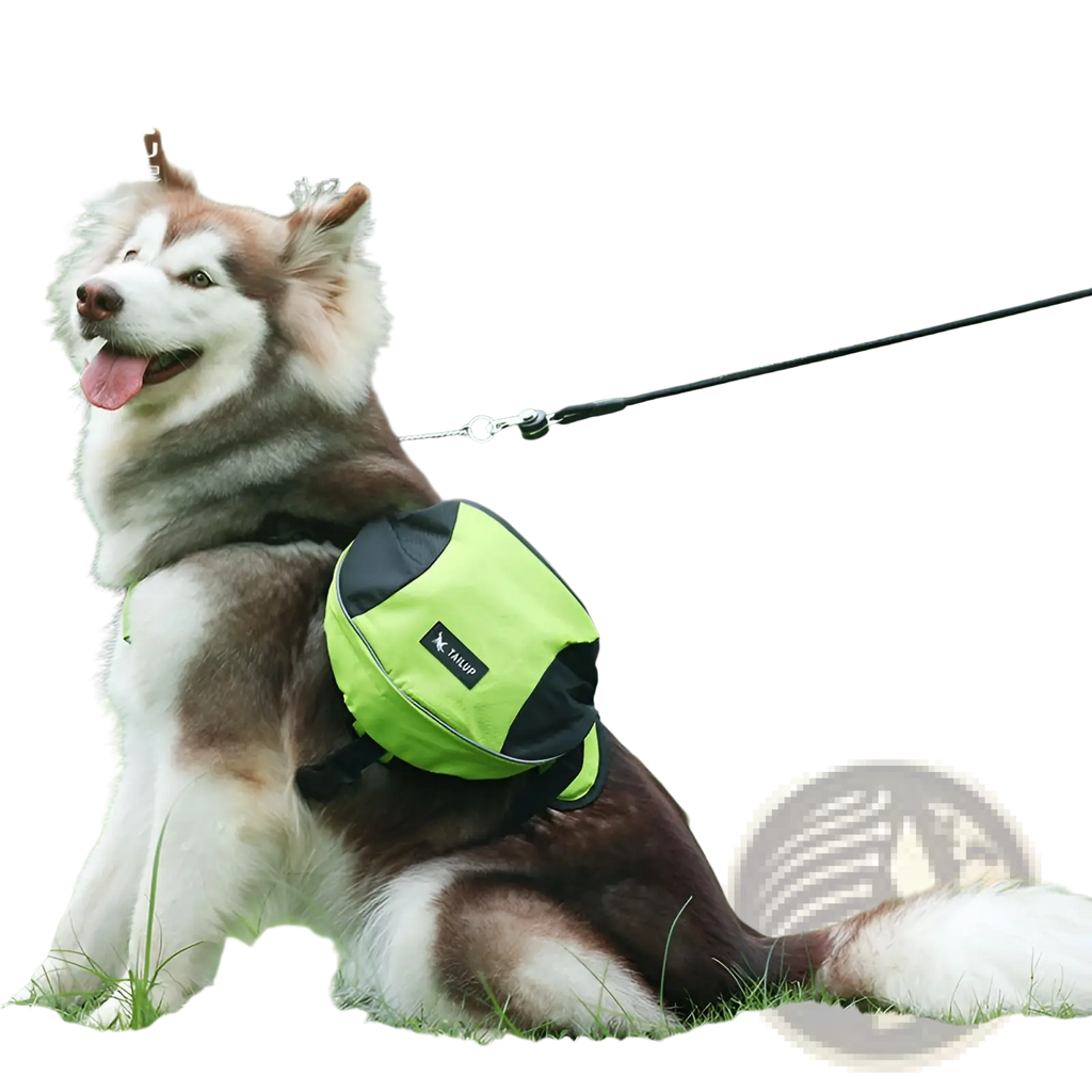 Bright neon green and black tailup dog backpack made of oxford cloth with reflective strips for adjustable hiking use