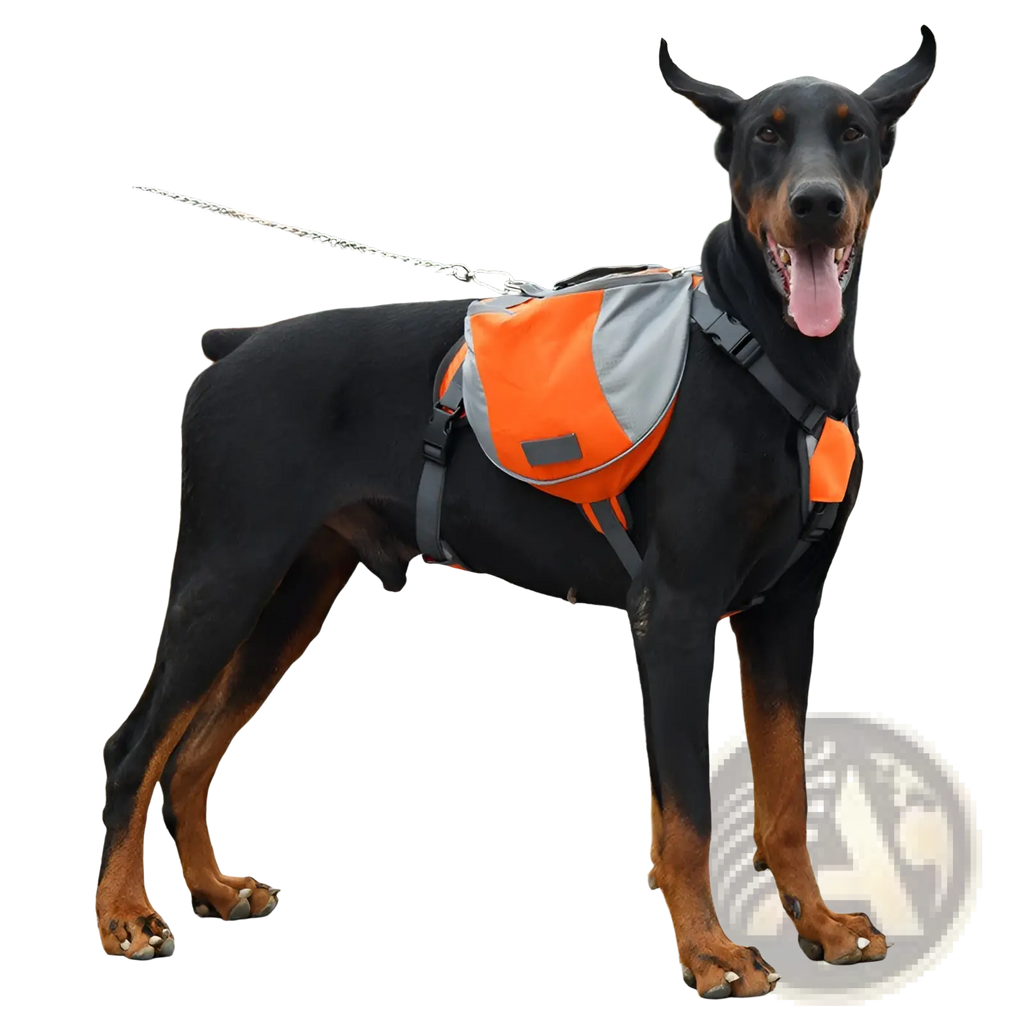 Orange and gray reflective dog backpack with black straps made of oxford cloth for adjustable pet hiking use
