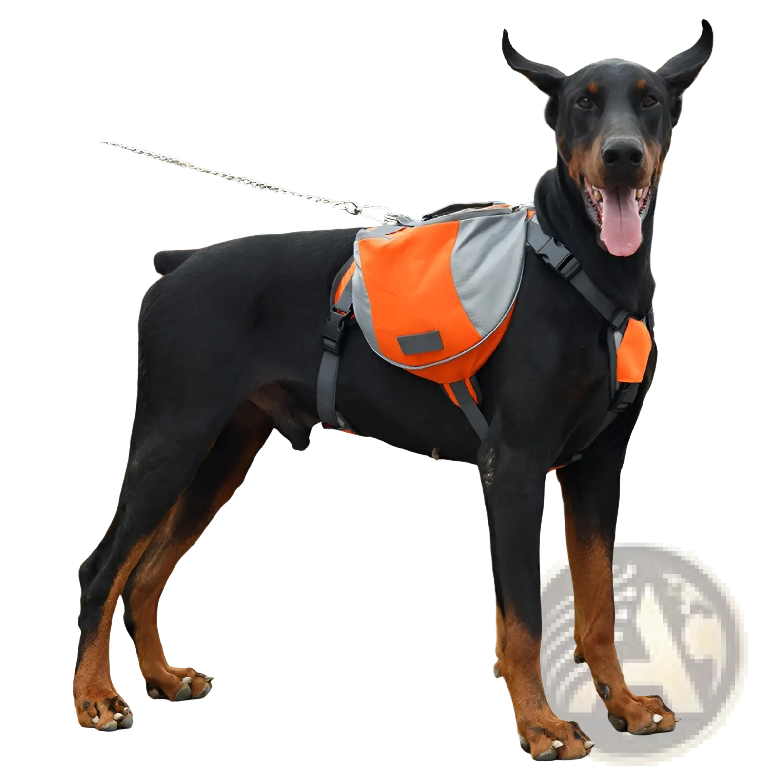 Orange and gray reflective dog backpack with black straps made of oxford cloth for adjustable pet hiking use