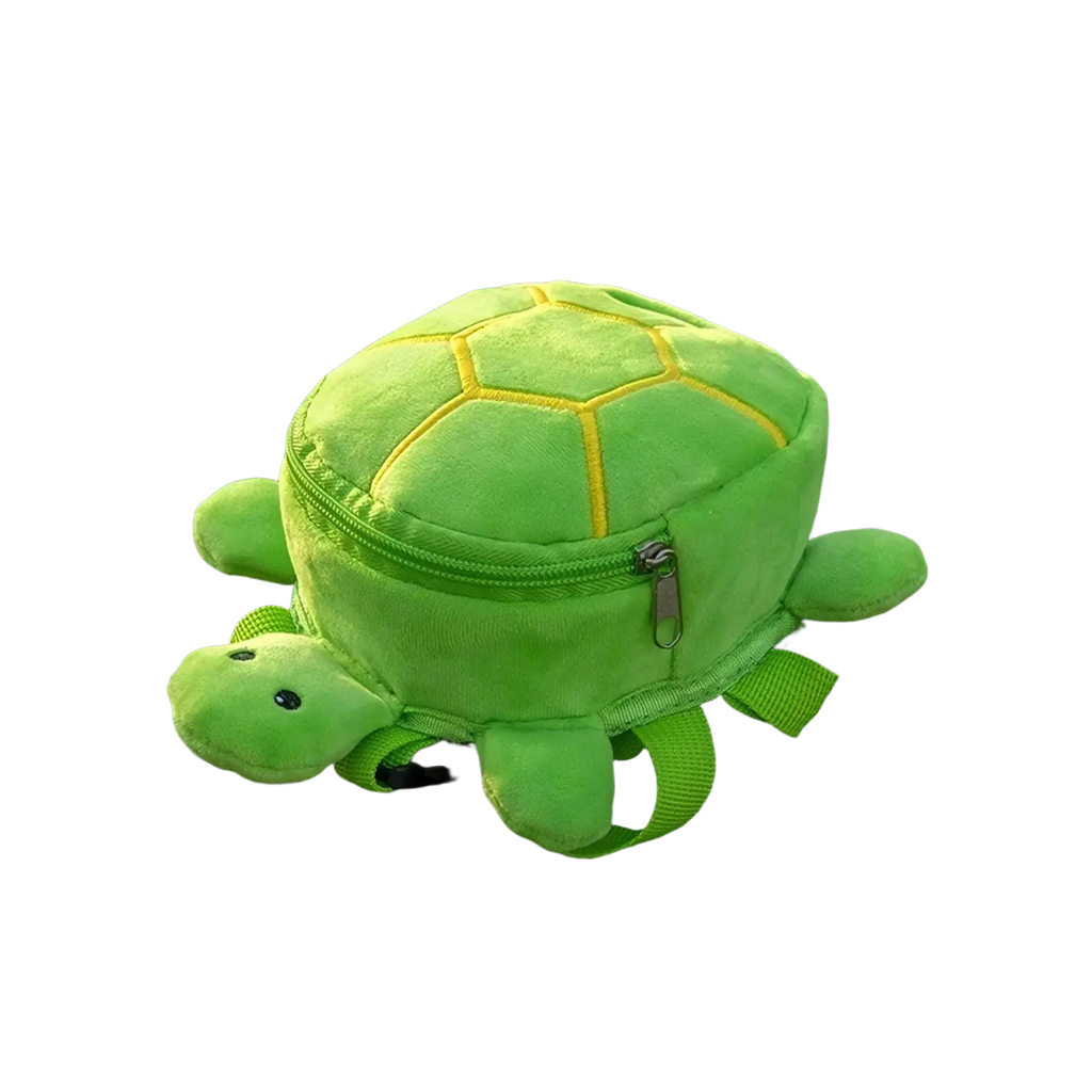 Bright green plush dog backpack shaped like a turtle with yellow stitching and adjustable straps for pet carriers
