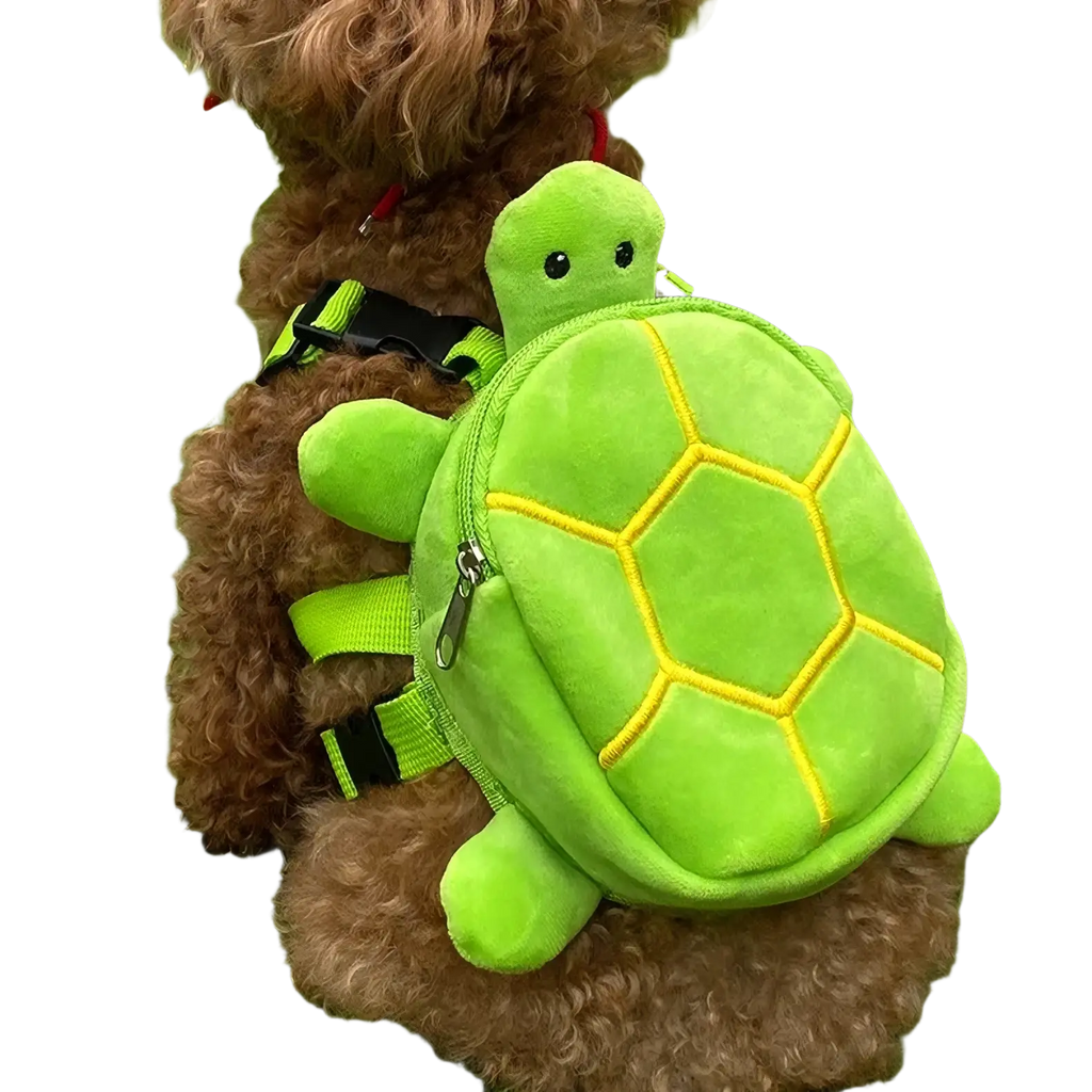 Bright green plush turtle dog backpack with yellow stitching details designed for pet carrying comfort