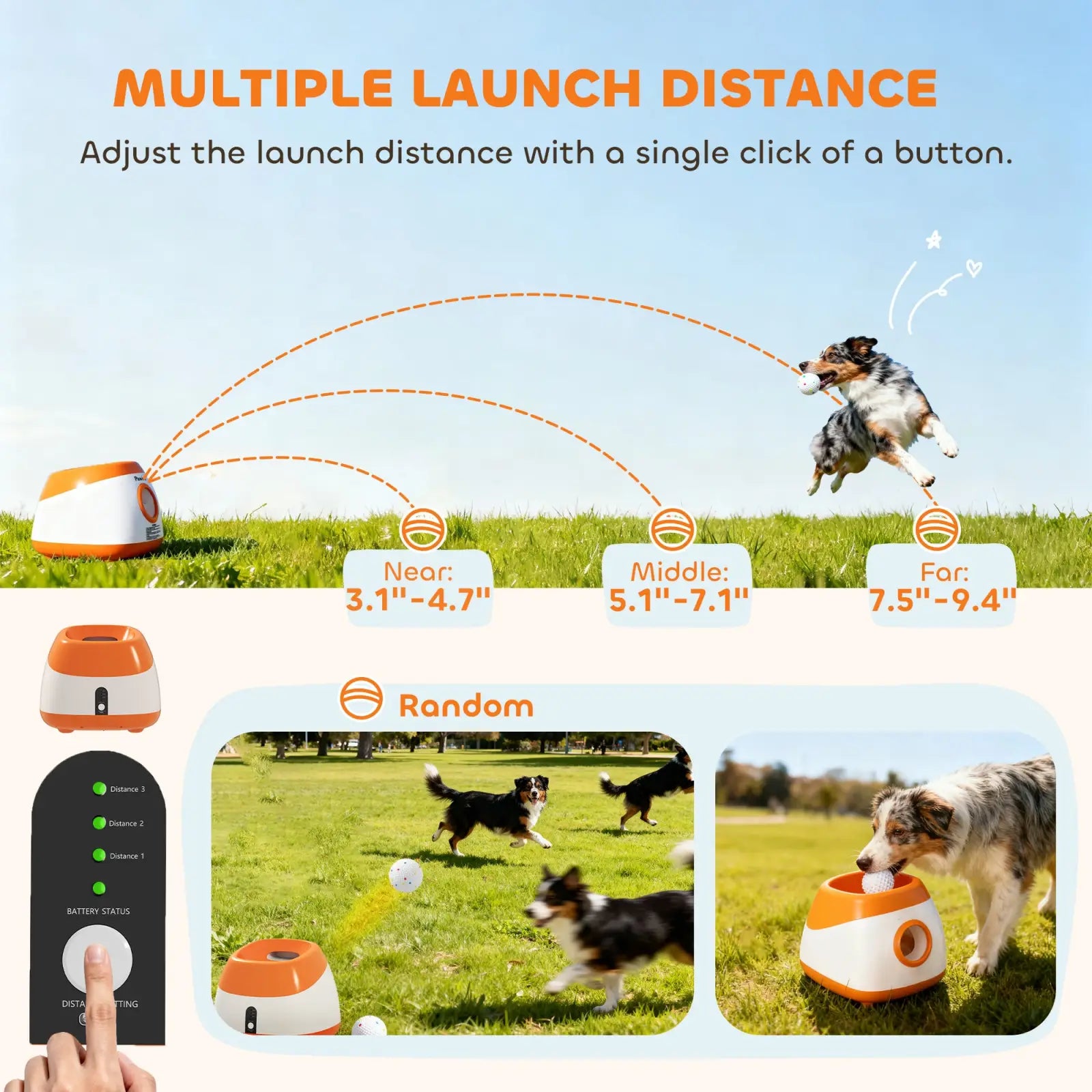 Orange and white plastic automatic dog ball launcher with adjustable launch distance for medium large dogs