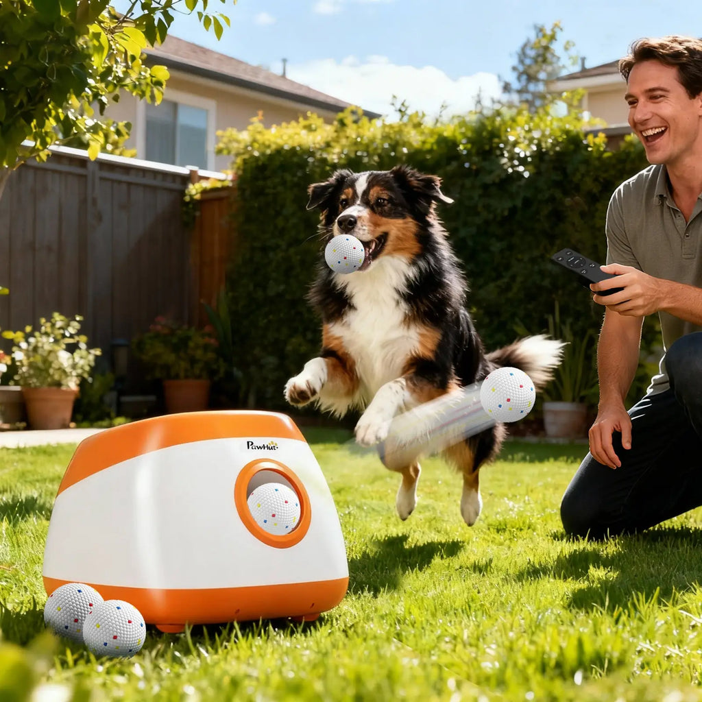 Orange and white PawHut automatic dog ball launcher with circular opening for medium and large dogs