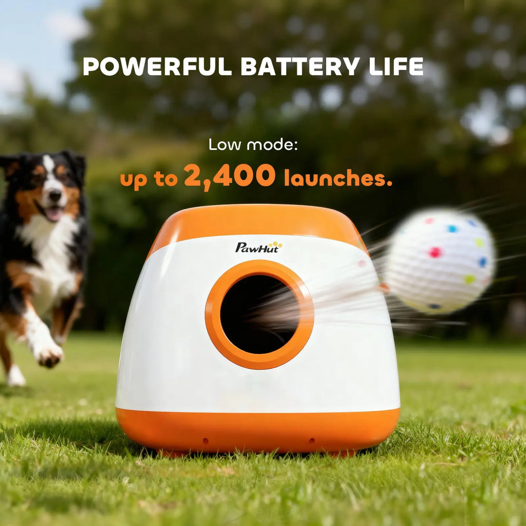 Orange and white Pawhut automatic dog ball launcher with circular launch opening for medium large dogs