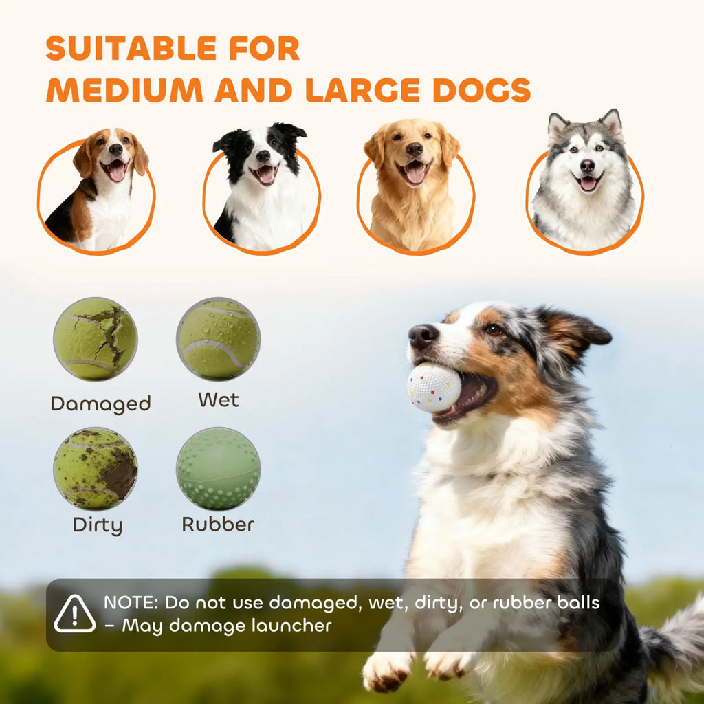 White textured ball in a dog’s mouth for the automatic dog ball launcher designed for medium and large dogs