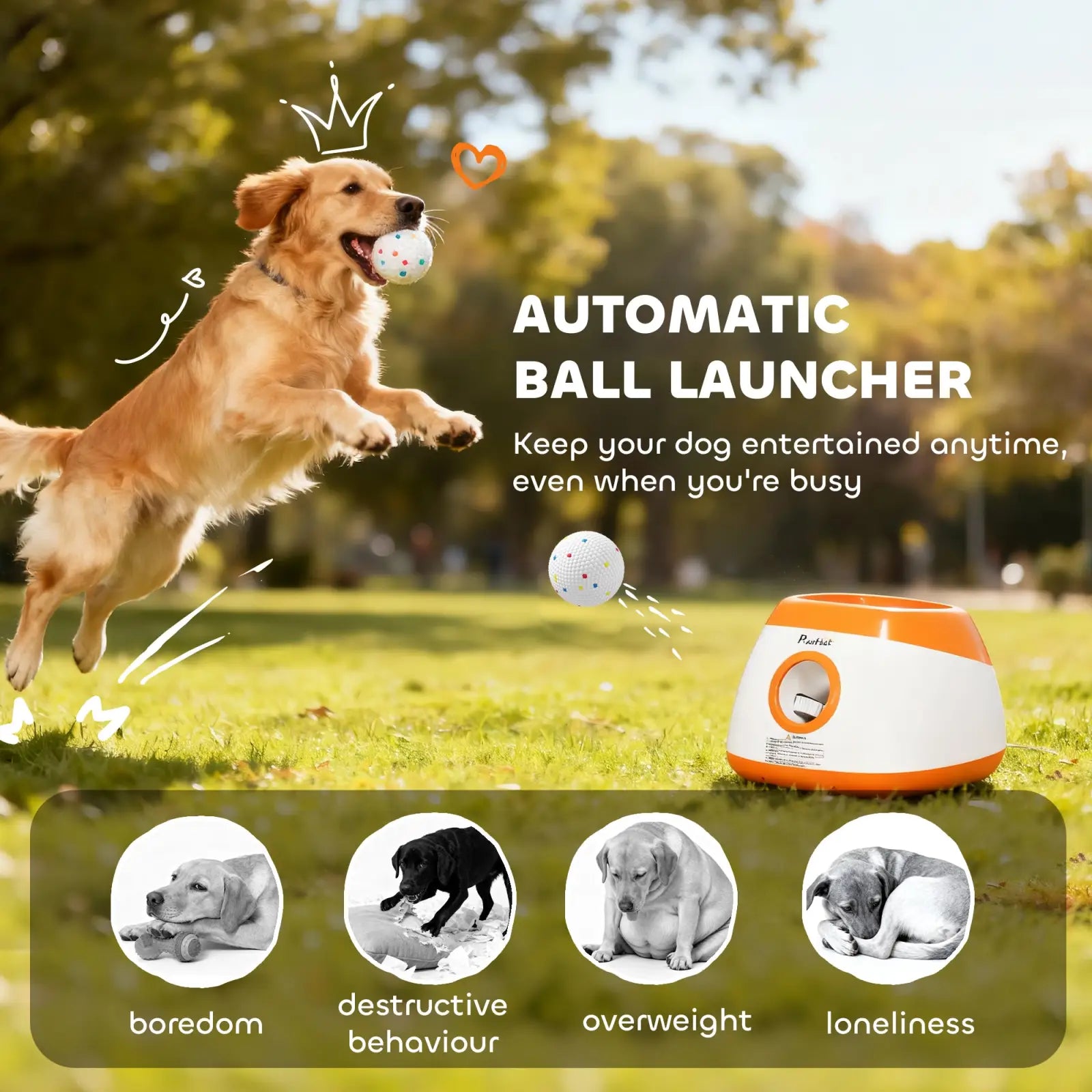 Orange and white automatic ball launcher for medium and large dogs designed for hands-free play and exercise