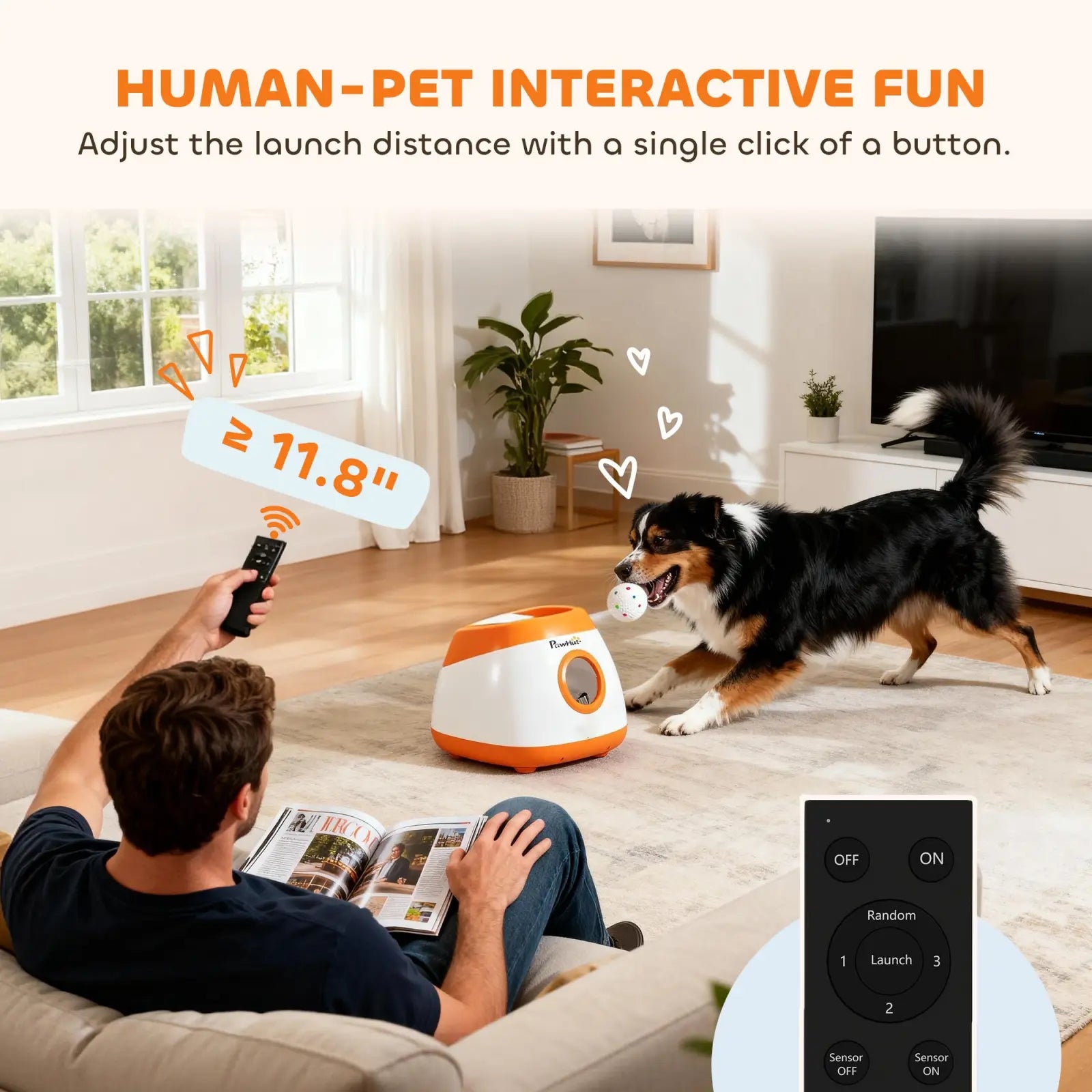 Orange and white automatic dog ball launcher with circular launch opening for medium and large dogs
