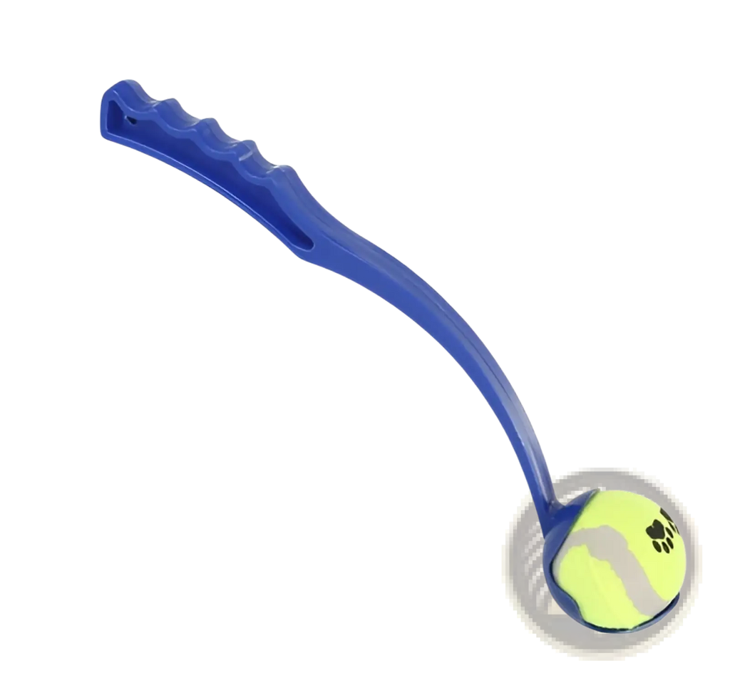 Blue plastic dog ball launcher with ergonomic handle featuring a fetch toy and attached tennis ball